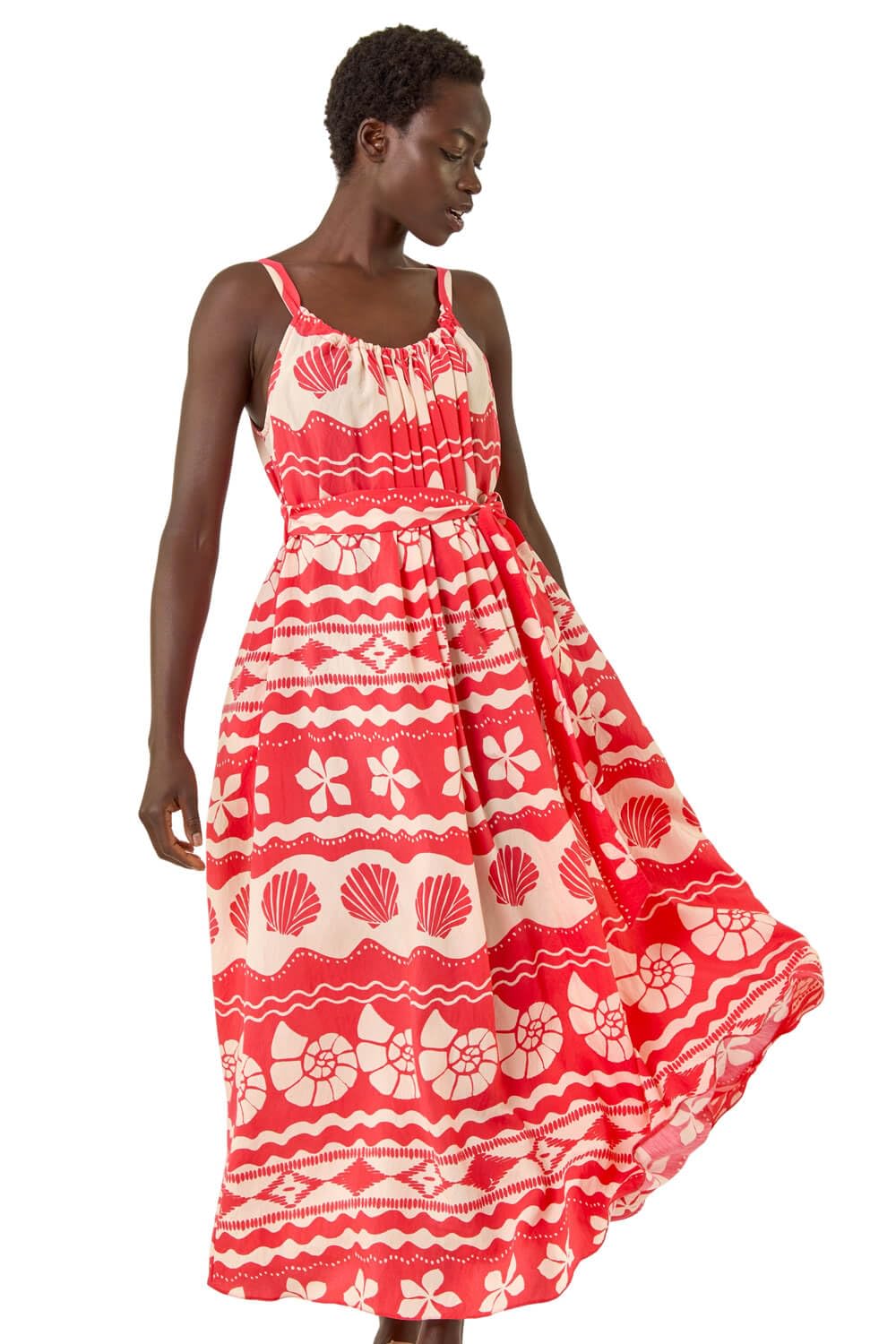 Roman Originals Women's Red Strappy Shell Print Maxi Dress For Uk - Everyday Holiday Spring Summer Round Neckline Comfy Soft Evening Vacation Work Party - Size 16