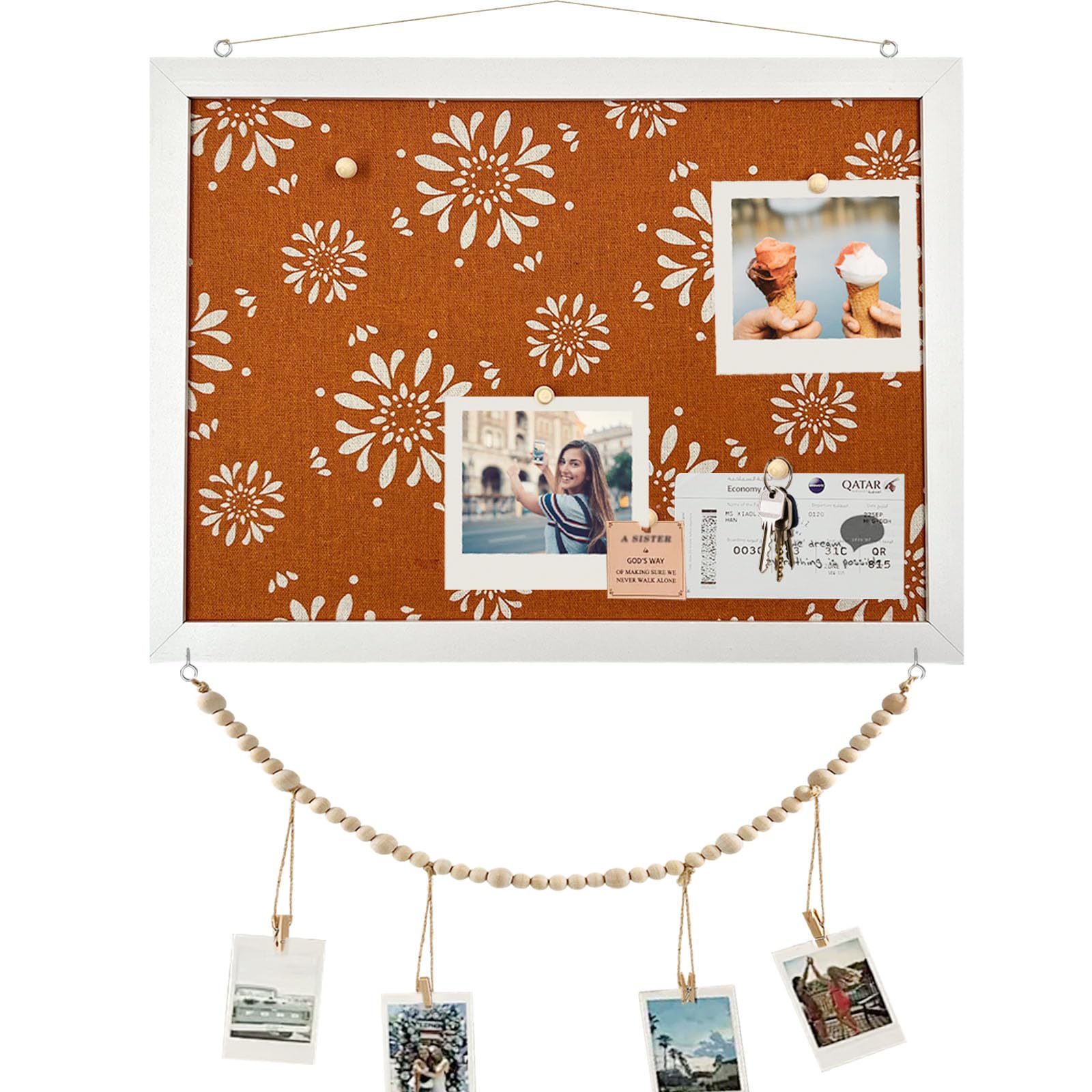 Daily Treasures Boho Printed Pin Board Cork Board with Linen,1 Pack 30x40cm Small Bulletin Board with Wooden Frame for Walls,Beaded Photo Clips&10 Push Pins for Memos Jewelry Photos Home Office Decor