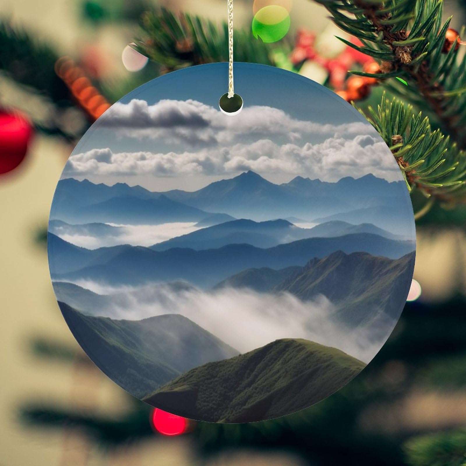 Landscape with Mountains and Clouds Christmas Ornament for Christmas Tree Ceramic Round Ornament Winter Holiday Keepsake Gift 2.7" Christmas Tree Hanging Decorations Circle Ceramic Pendant Xmas Gift