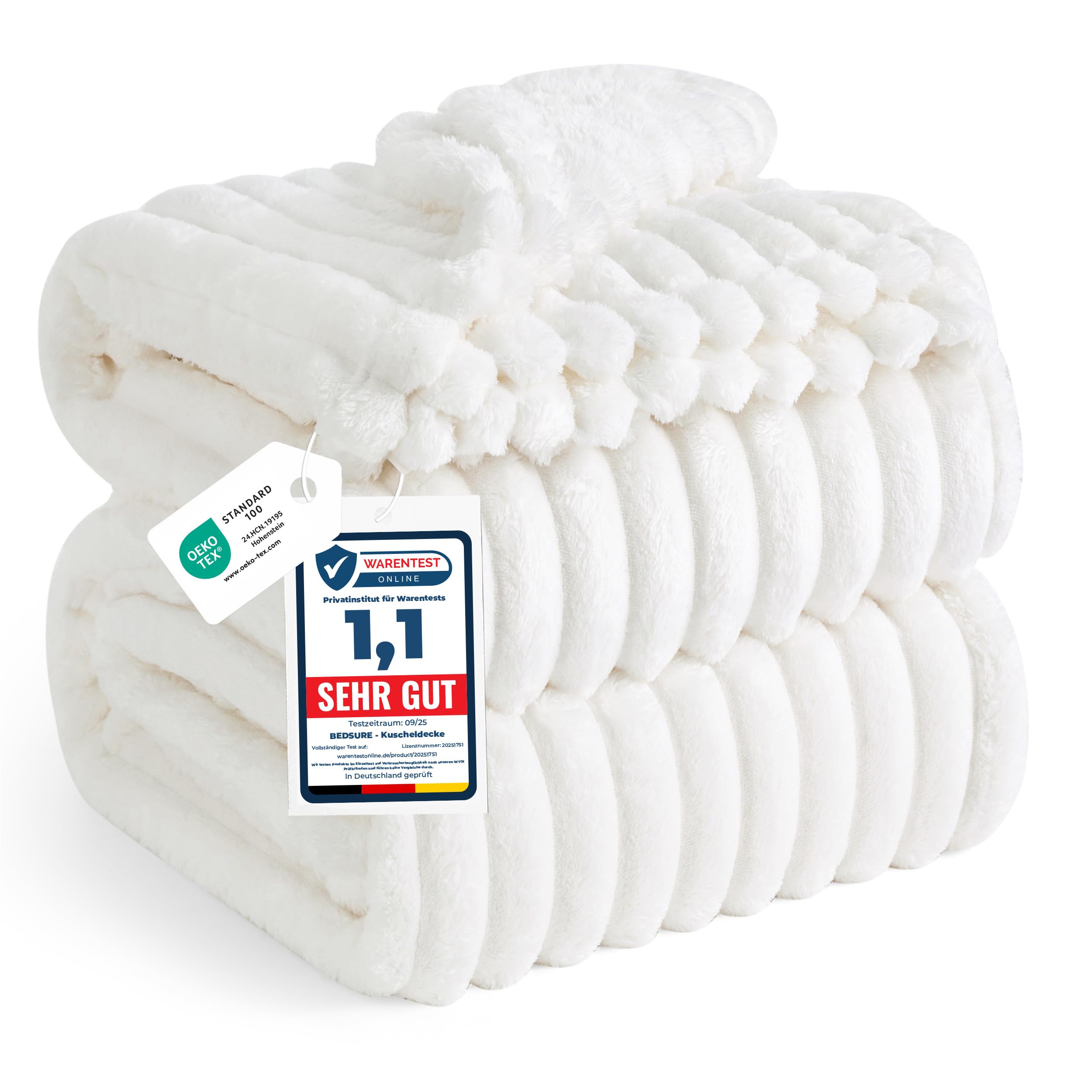 BEDSURE kuscheldecke 220x240 für Zimmer Deko - Tagesdecke, Wolldecke & Fleecedecke, Sofadecke, Weiche Warme Grobe Korddecke für Couch, Geschenke für Frauen, XXL Große Decke, Wollweiß, 220 x 240 cm