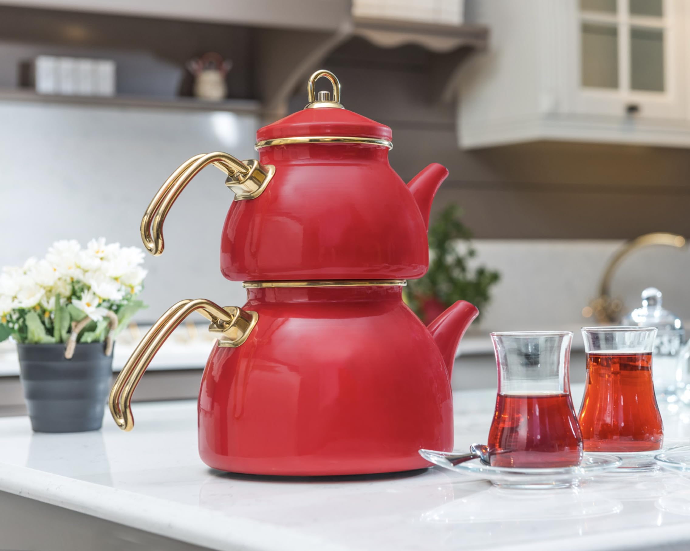 Théière turque de 1,1 L - Revêtue d'émail - Design rétro - Combinée avec une bouilloire de 2,3 L - Compatible avec plaque à induction - Idéale pour infusion de thé – LPP GRANDEUR 09