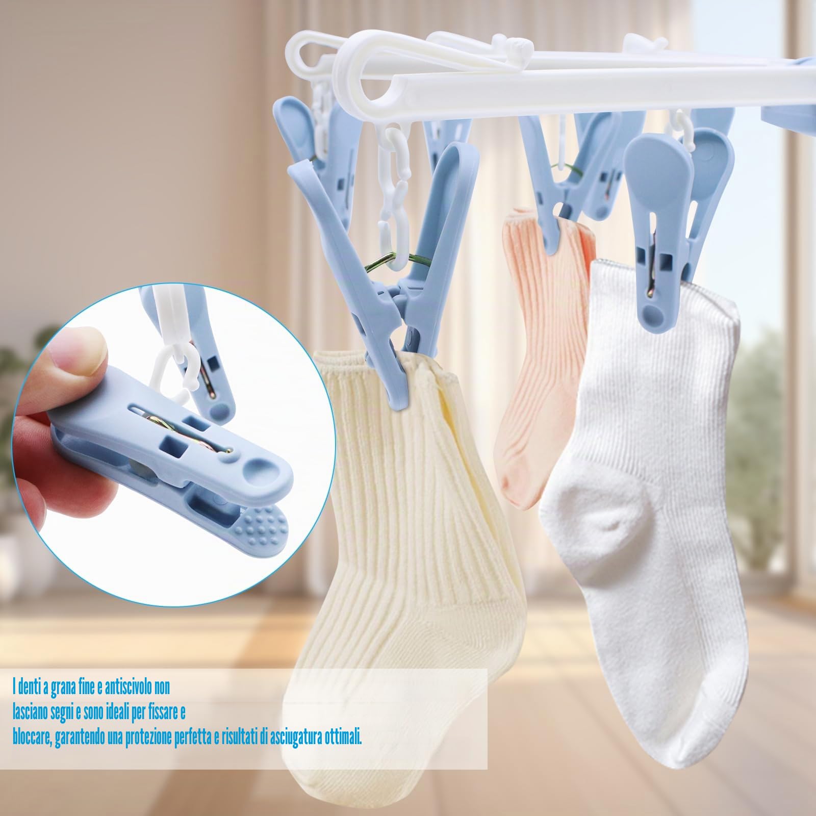 2 Pezzi Stendibiancheria con 40 Pinze, Stendino per Calzini Pieghevole, Appendiabiti per Calzini, Stendino in Plastica Girevole a 360°, Per Biancheria Intima, Calzini, Asciugamano (Blu)