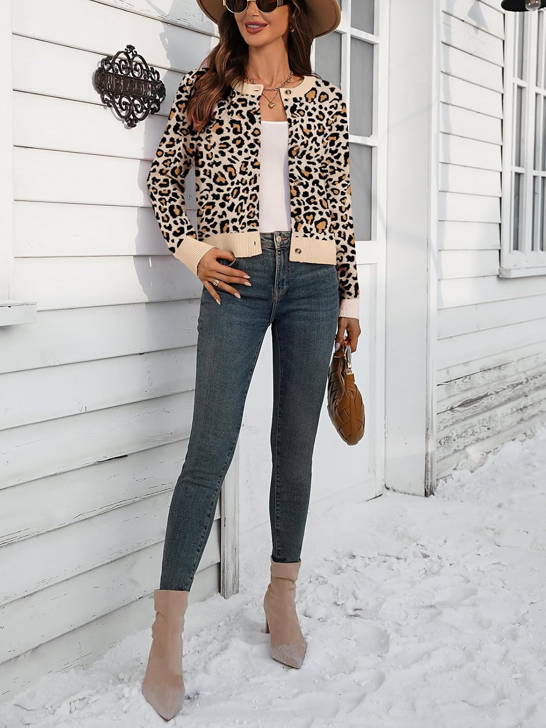 Women's Cropped Cardigans Sweater Floral Leopard Print Crewneck Button Down Open Front Shrugs Sweater for Dress - Image 5