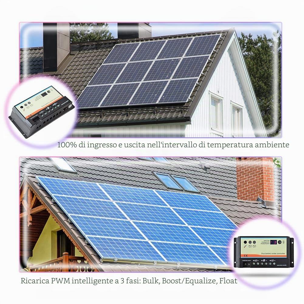 Regolatore / regolatore di carica solare a doppia batteria da 20A per camper, roulotte, barca o qualsiasi sistema con due batterie 12V / 24V o batterie