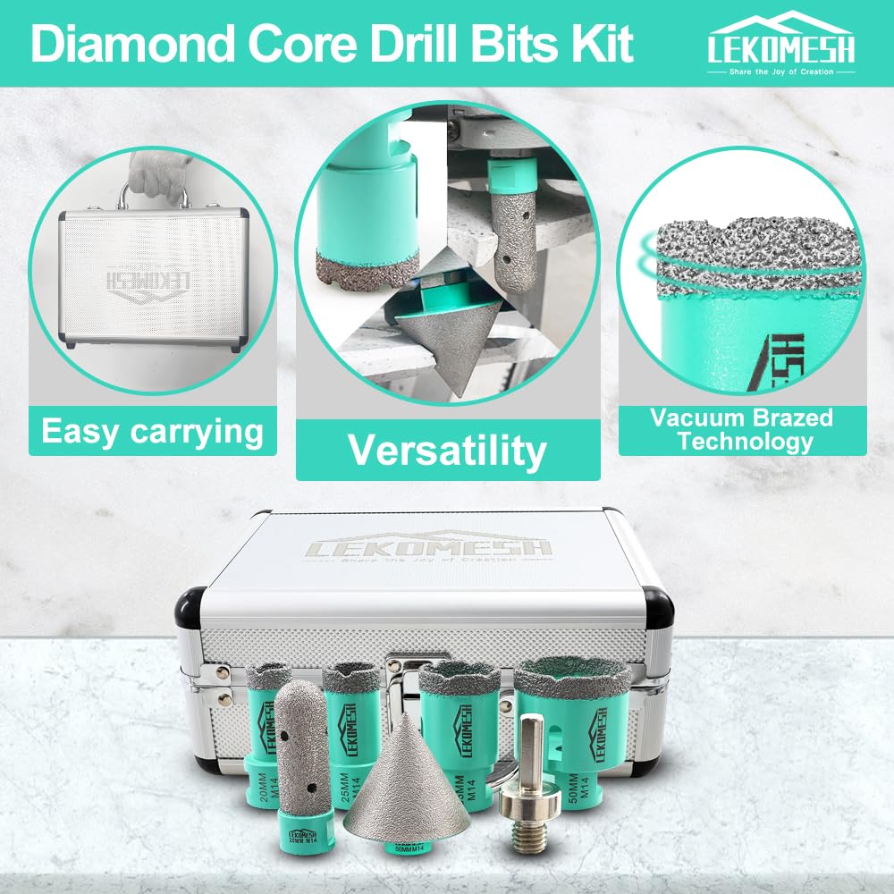 Punte Diamantate per Piastrelle - 10 pezzi (6/6/8/20/35/50/68mm+10mm Fresa Diamantata+50mm Punte per Smusso+Adattatore) Seghe a Tazza Diamantata per Gres Porcellana Ceramica