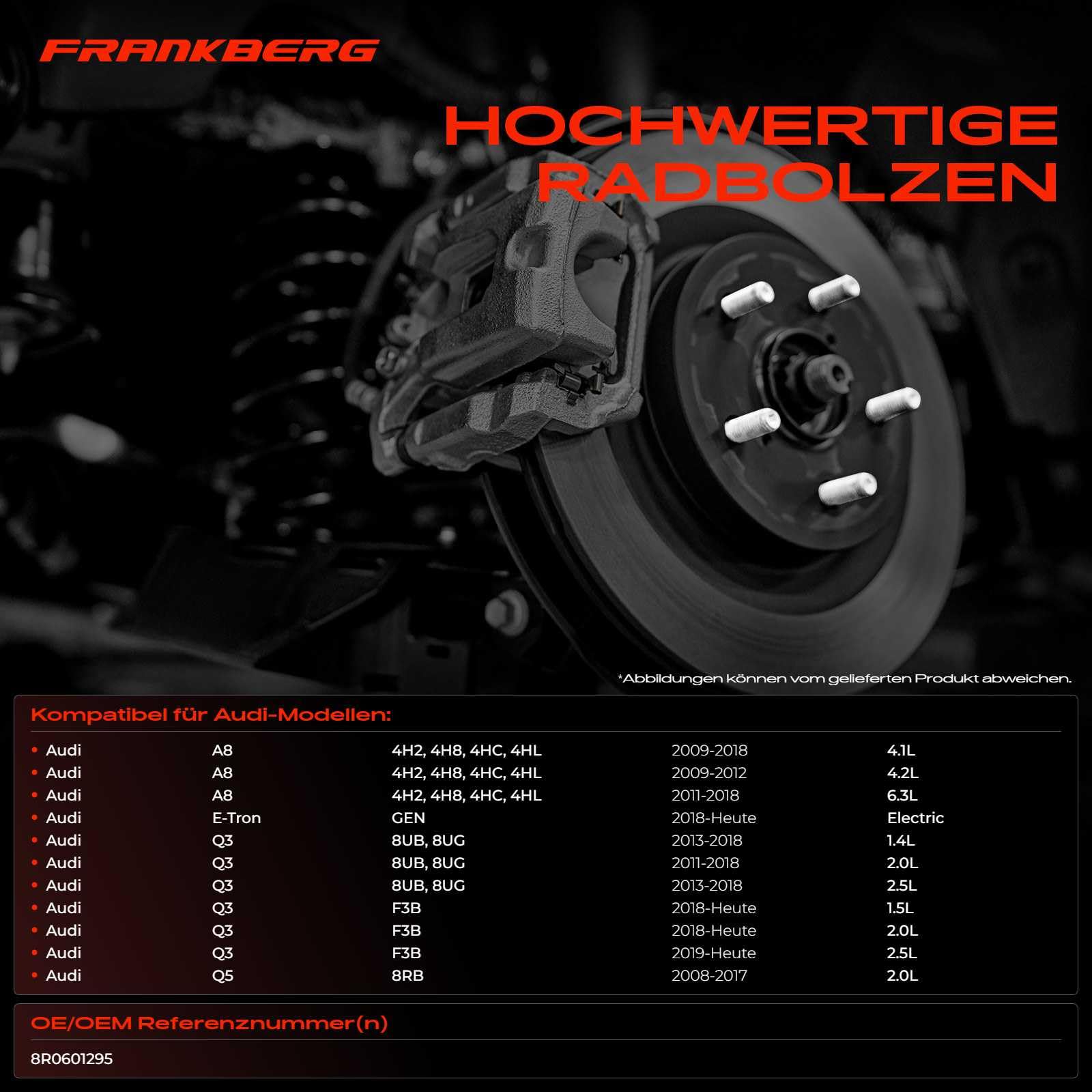 Frankberg 20x Radbolzen Radschraube 8R0601295 | Kompatibel mit Q7 4MB 4MG, A8 4H2 4H8 4HC 4HL, Q3 8UB 8UG, Q8 4MN 4MT, E-Tron GEN, Q3 F3B, Q5 8RB, Q7 4MB 4MG 4MQ