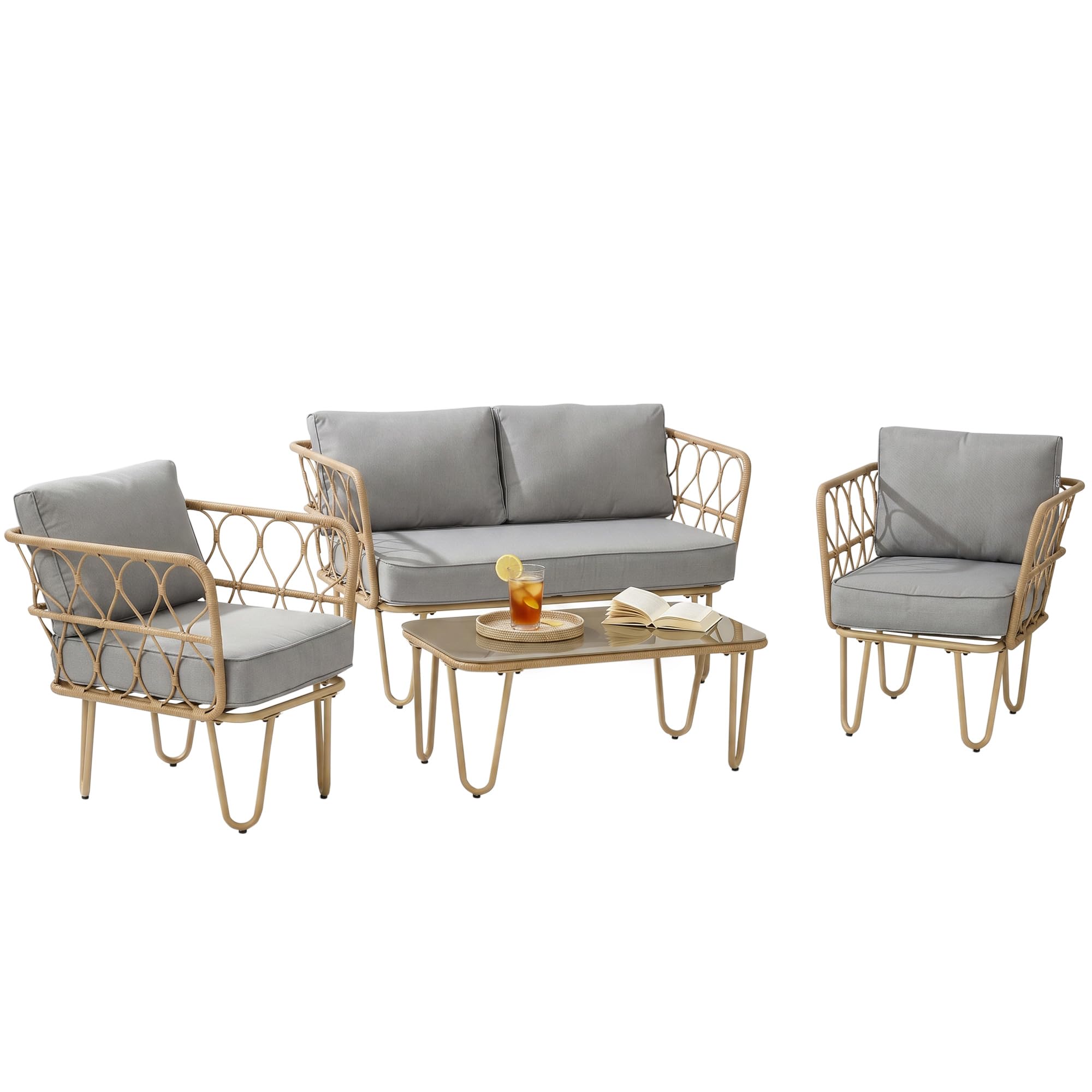 Outsunny Salotto da Giardino Rattan 4 Pezzi con Divano 2 Posti, 2 Poltrone e Tavolino con Piano in Vetro Stile Boho, Cuscini Sfoderabili, Giallo