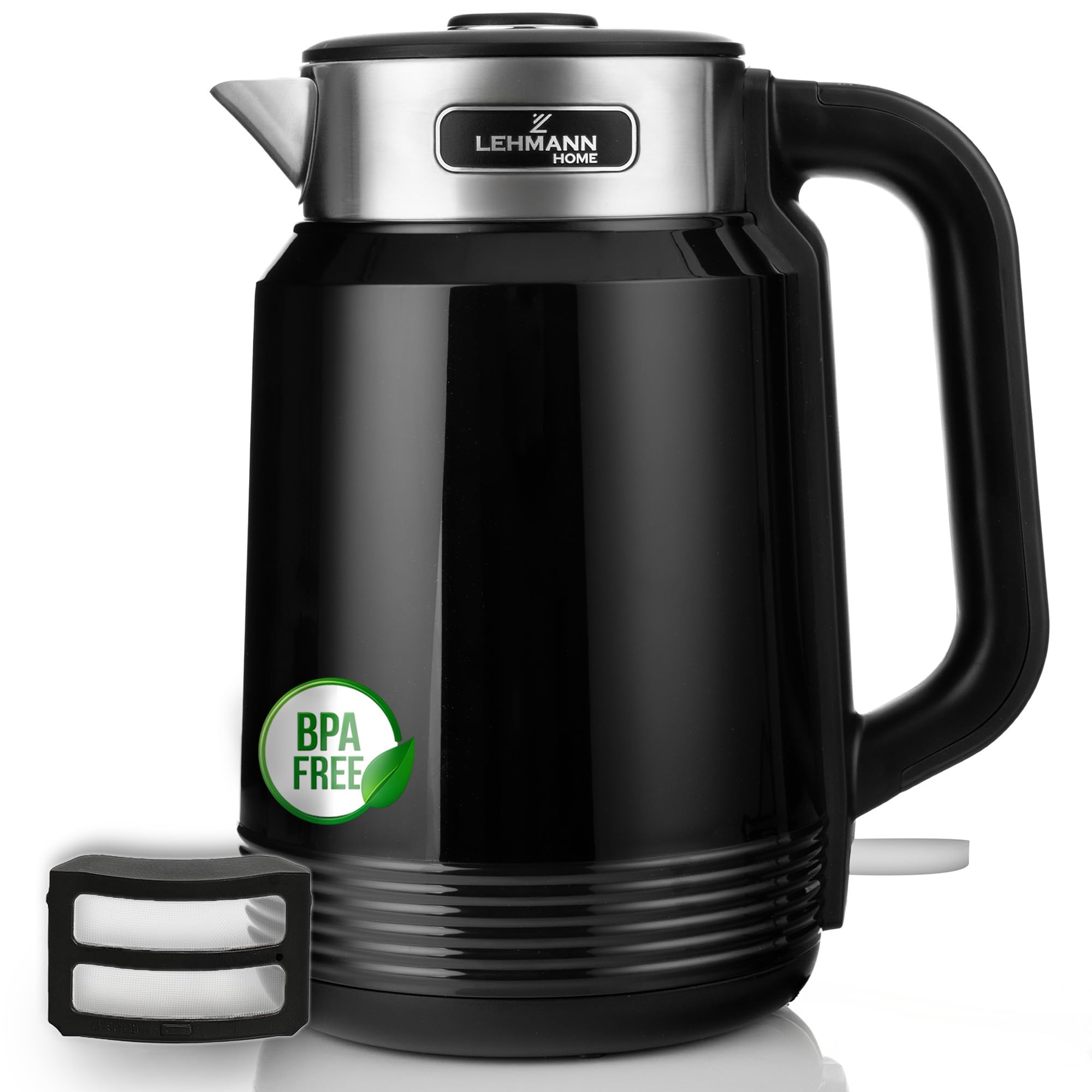 LEHMANN Elektrischer Wasserkocher Edelstahl 2L, 2200W, Schnelles Aufheizen, Doppelwand Design, Abschaltautomatik und Überhitzungsschutz, BPA-frei, Ideal für Großfamilien oder Büros, Schwarz