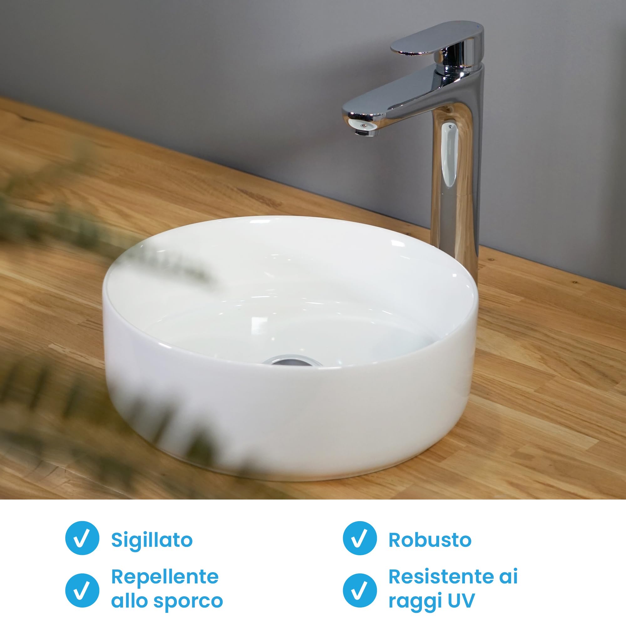 Bächlein Lavabo da appoggio Tamula (rotondo) – Lavabo in ceramica Ø 31,5 cm – Lavabo dal design moderno per bagno e WC – Lavabo di alta qualità in bianco