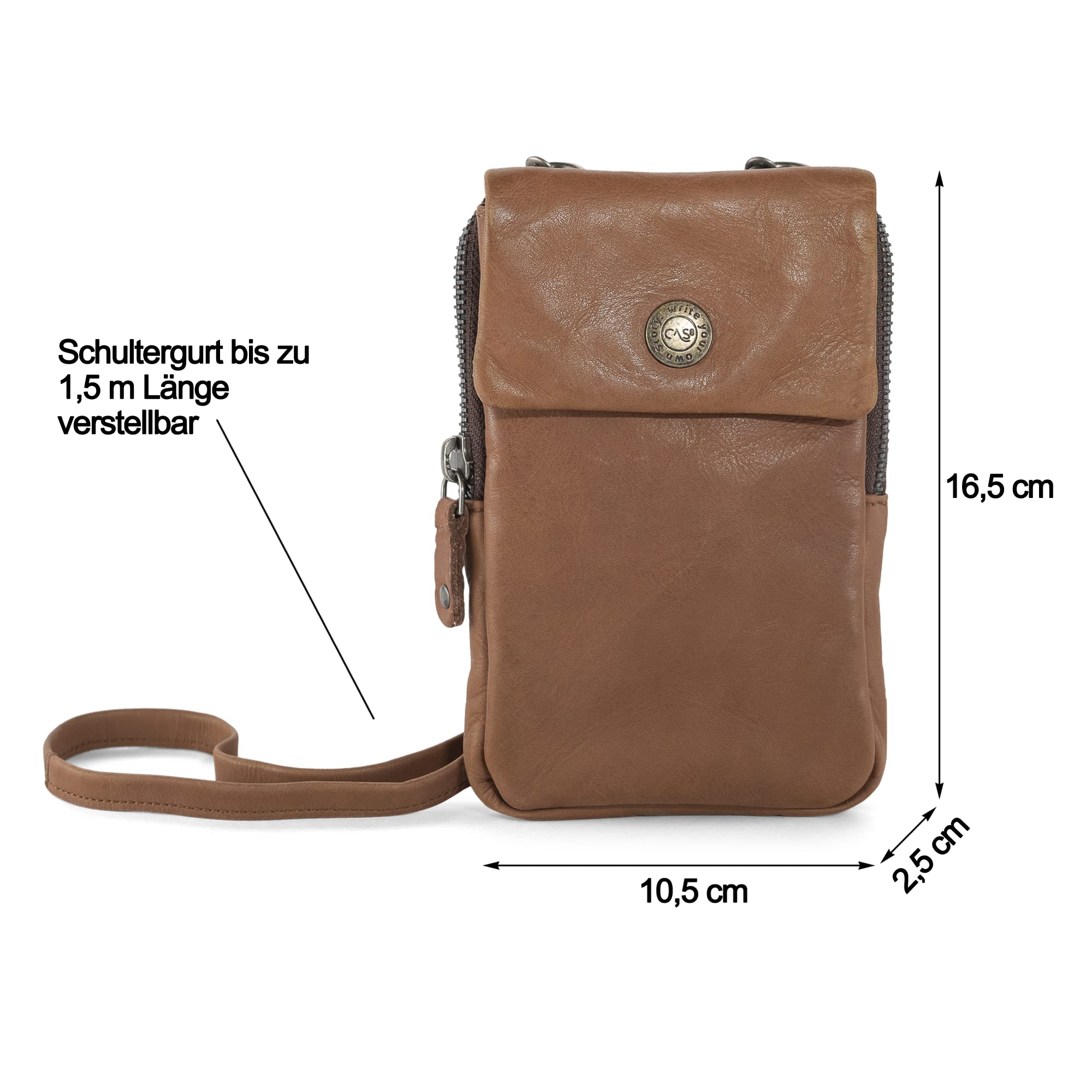 Handytasche zum Umhängen Lilly, Smartphonetasche aus Leder mit RFID-Schutz und 6 Kartenfächer, Verstellbarer & Abnehmbarer Gurt, passend für Handys bis 8,5x15x1,3cm, Graphite