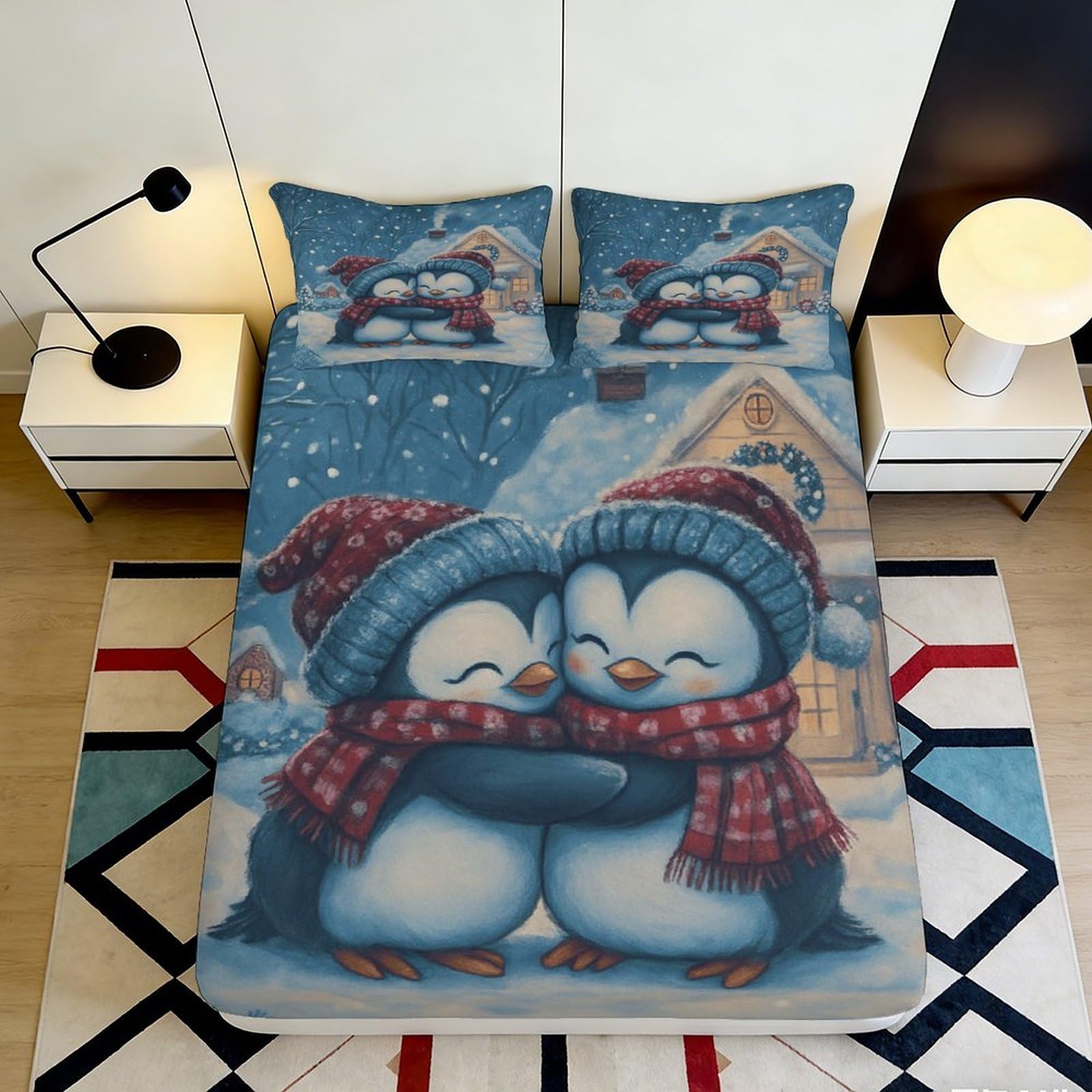 Jqzkxnhpbr Style-10 3D Printed Cute Penguin Fitted Sheet Microfiber Soft Winter Cabin Mattress Cover For Bedroom Guest Room Decor 90X200x25cm