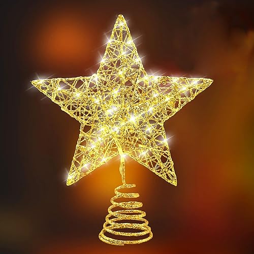 Estrella de metal con purpurina dorada de 8 pulgadas para la punta del árbol de Navidad, iluminada con 20 luces LED para decoraciones navideñas,