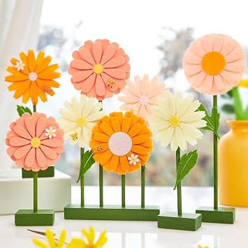 SUNBEAUTY 8 PCS Daisy Felt Centerpieces for Tables Flower Birthday Decorations Daisy Birthday Party Decorations Pink Orange Spring Floral Table Decor for Girl Birthday Baby Shower Garden Home Decor