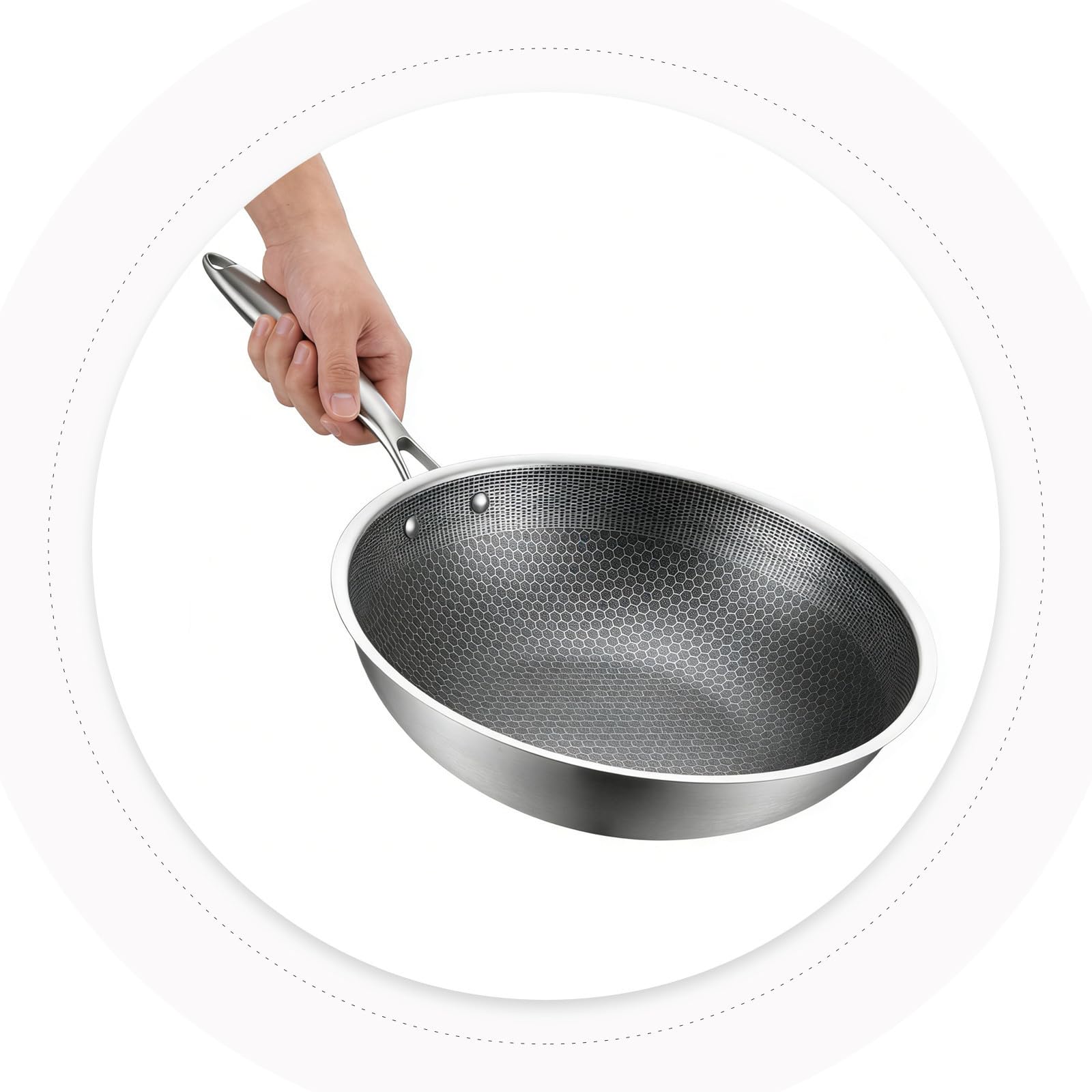 jojofuny Wok in Acciaio Inossidabile con Finitura a Nido D'ape, Padella Profonda Versatile per Cucina su Fornelli a Gas, Distribuzione Uniforme del Calore, Manico Ergonomico