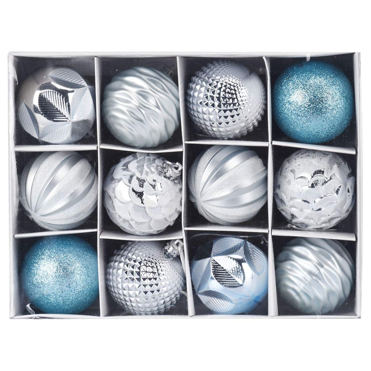 Adoraland Christmas Tree Baubles Decorations Xmas Hanging Decor 12 Balls Set Plastic 6cm Shatterproof Silver/Light Blue