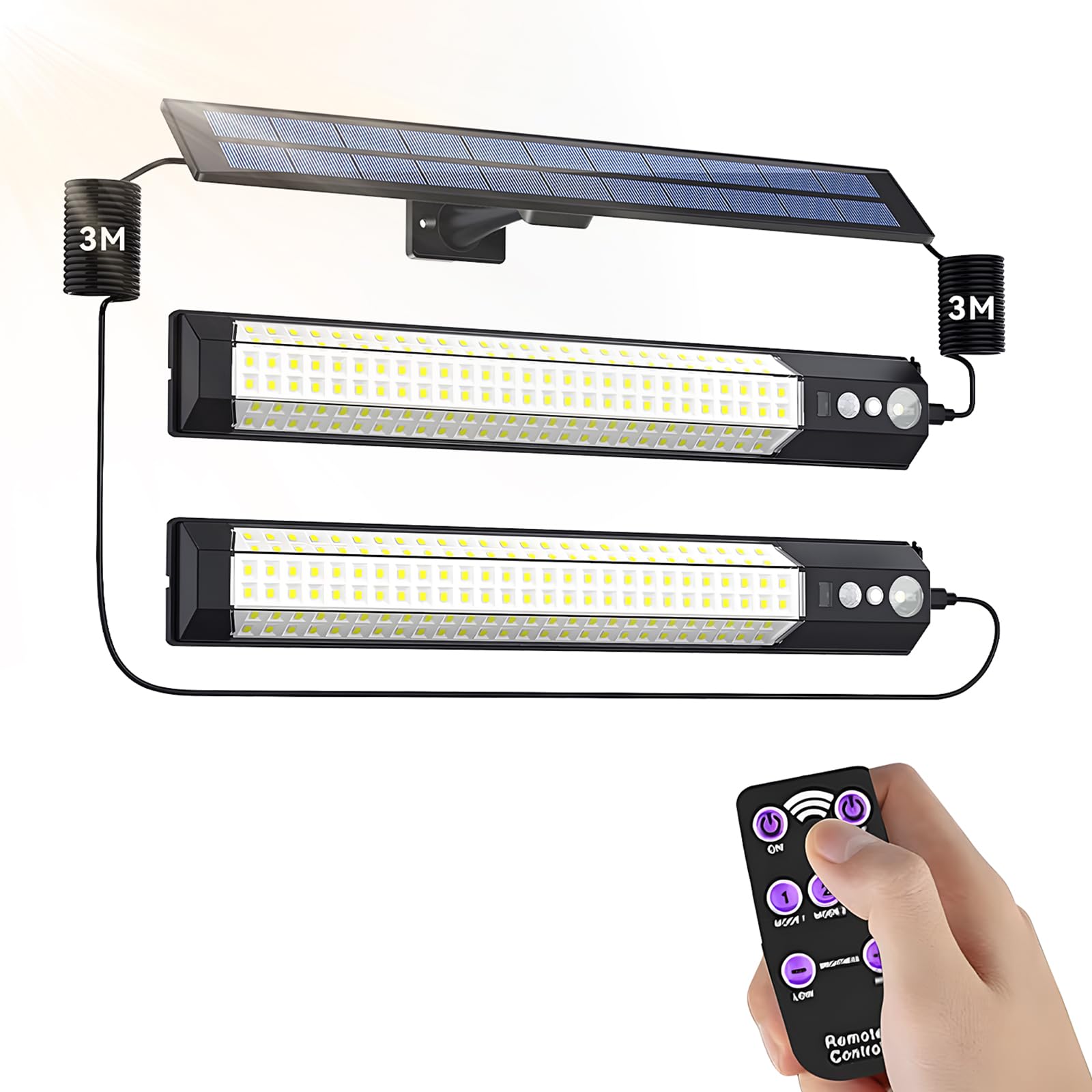 ソーラーライト 分離型 2灯 LED 屋外 人感 センサーライト【極高輝度2500lm・IP65防水・延長コード3m×2本】3モード切替 2000mAh大容量電池 リモコン付 自動点灯/消灯 室内/室外兼用 地震/津波/台風/防災に対応 ガーデン/玄関/廊下/庭/壁掛け/駐車場/物置に最適 取付簡単 日本語説明書付き