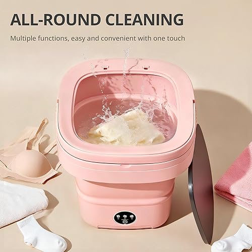Miniatura 9 de Lavadora portátil rosa, mini lavadora, 16L mejorada con cesta giratoria, diseño plegable, ideal para apartamentos, lavadora portátil, 3 modos de