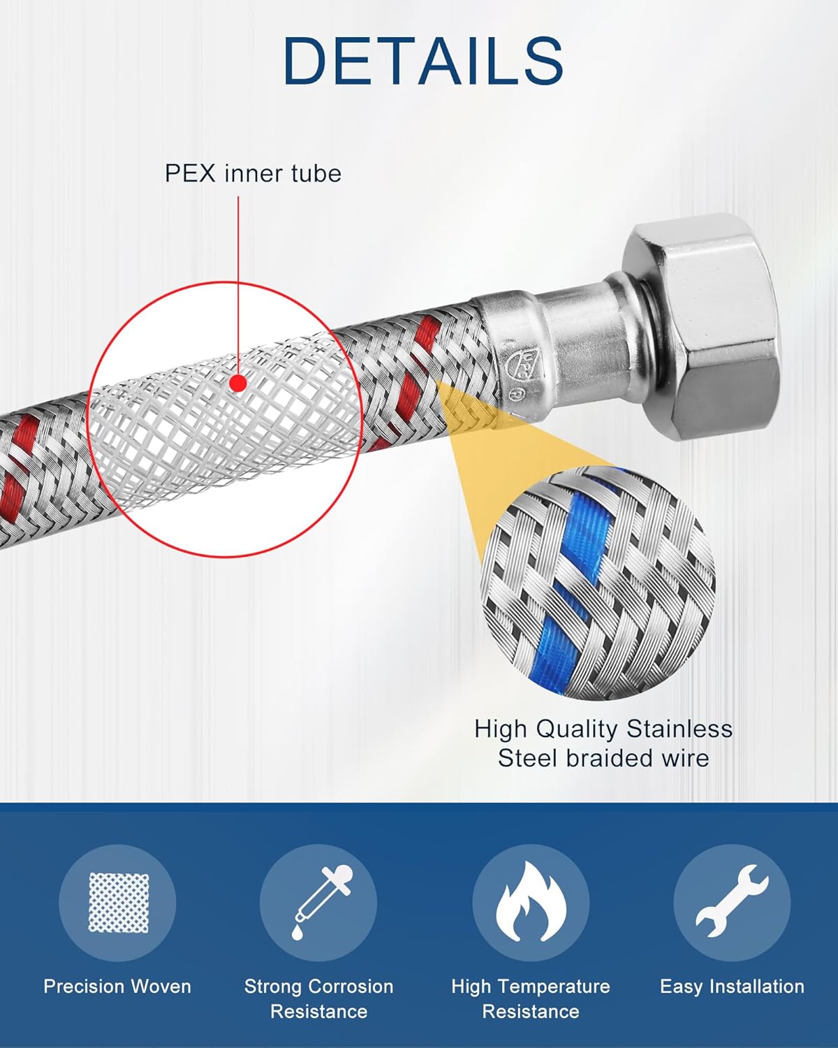 72'' Length Faucet Supply Line, Stainless Steel Braided cUPC Sink Hose with G1/2" FIP x 3/8" Compression Supply Hose for Sink Faucet Bathroom Kitchen Faucet Connector Water Supply Line 2 PCS