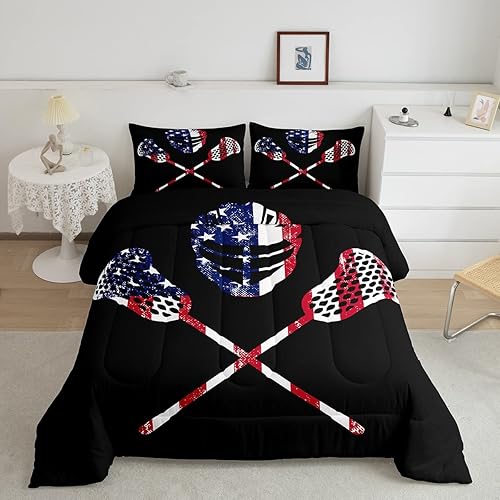 Lacrosse - Juego de edredón para niñas y niños, juego de ropa de cama de jugador de lacrosse grunge tamaño Queen, relleno de edredón con temática