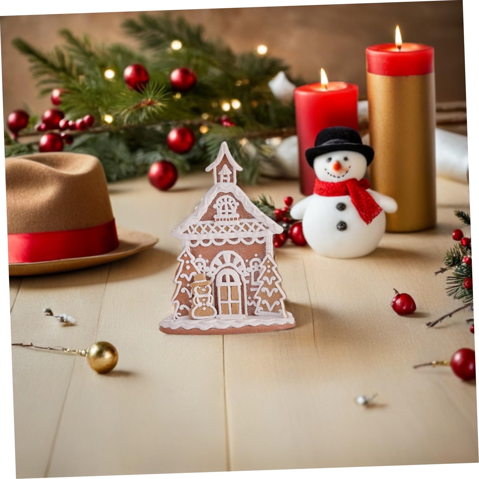 TOYANDONA Clay Gingerbread House Figurine Miniature Sturdy Snowy Christmas Village Ornament for Traditional Winter Holiday Decor And Xmas Mantle Collectible