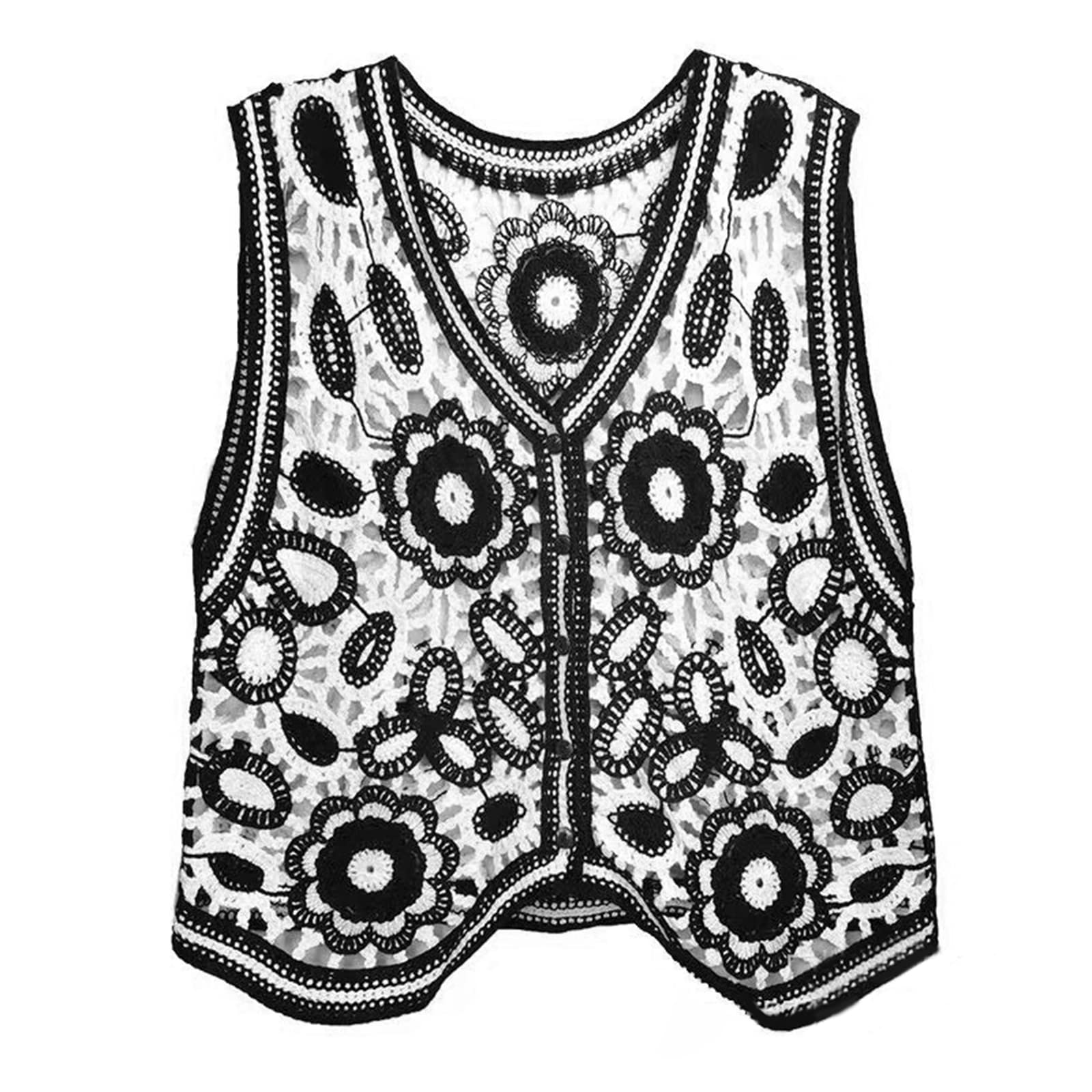 Hattba Women's Black Hollow Knit Crochet Floral V-Neck Vest Waistcoat Cropped Cardigan French Loose Sleeveless Outerwear For Jac
