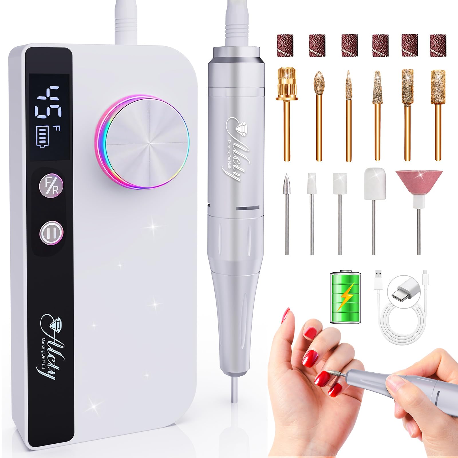 Alety 45000RPM Electric Nail Drill Kit, Rechargeable E-File with 11 Bits