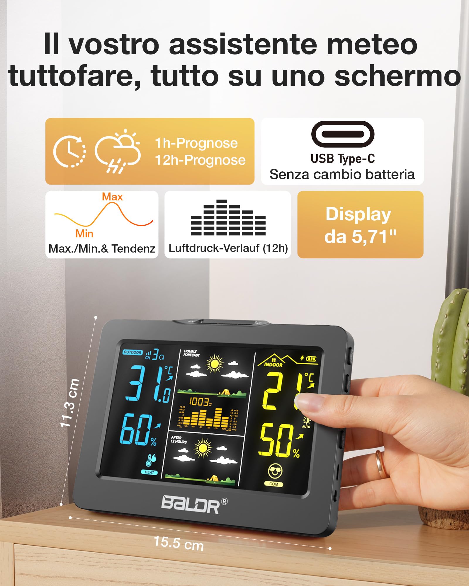 Stazione Meteo BALDR Wireless con Sensore Esterno, Display Digitale a Colori – Termometro Igrometro Interno/Esterno, Previsioni 1h + 12h, Batteria Ricaricabile