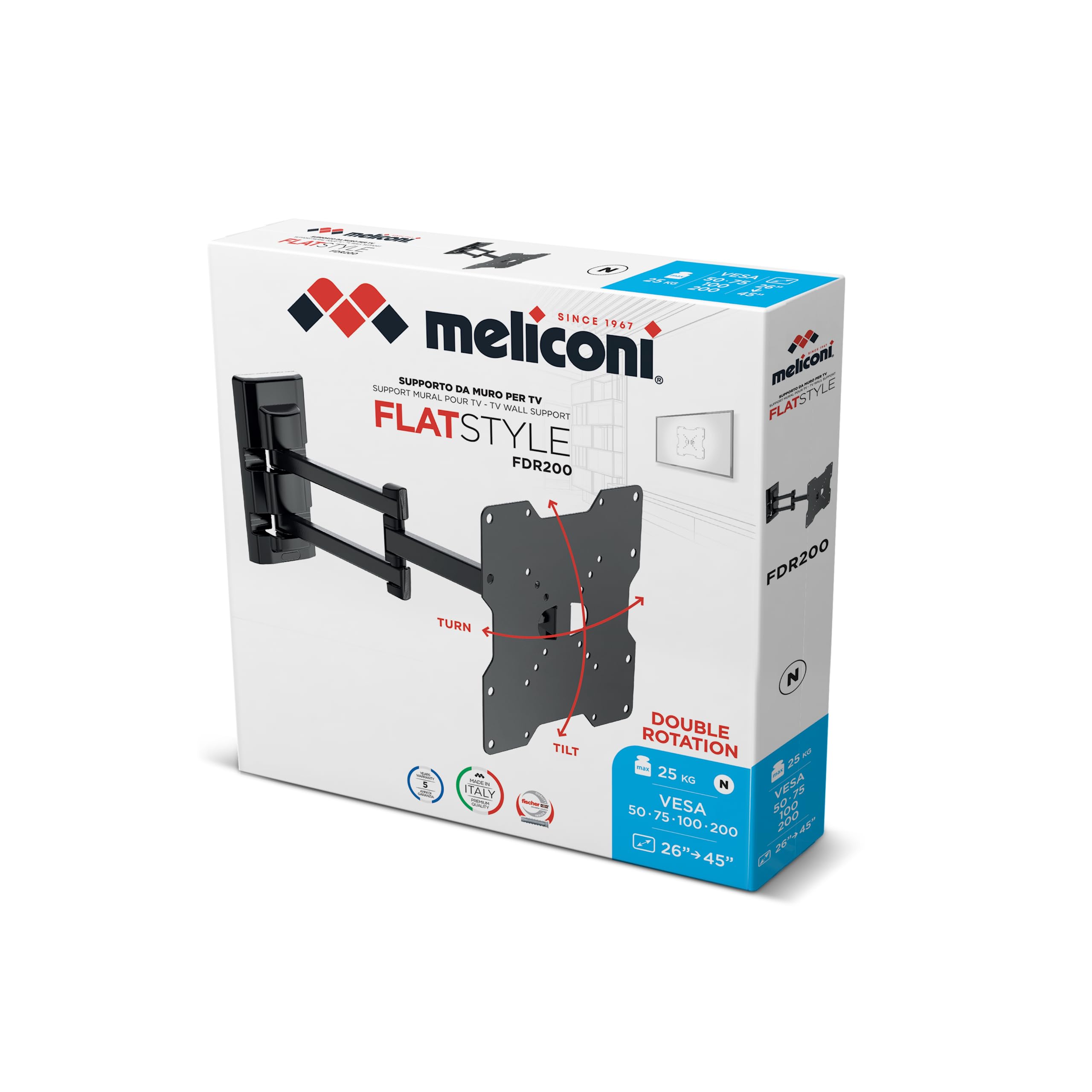 Meliconi FLATSTYLE FDR200, Supporto TV Parete a Doppia Rotazione | Staffa per TV a Schermo Piatto da 26" a 45", Attacco VESA 50-75-100-200, Portata 25 Kg, Tasselli Fischer, Made in Italy, Nero