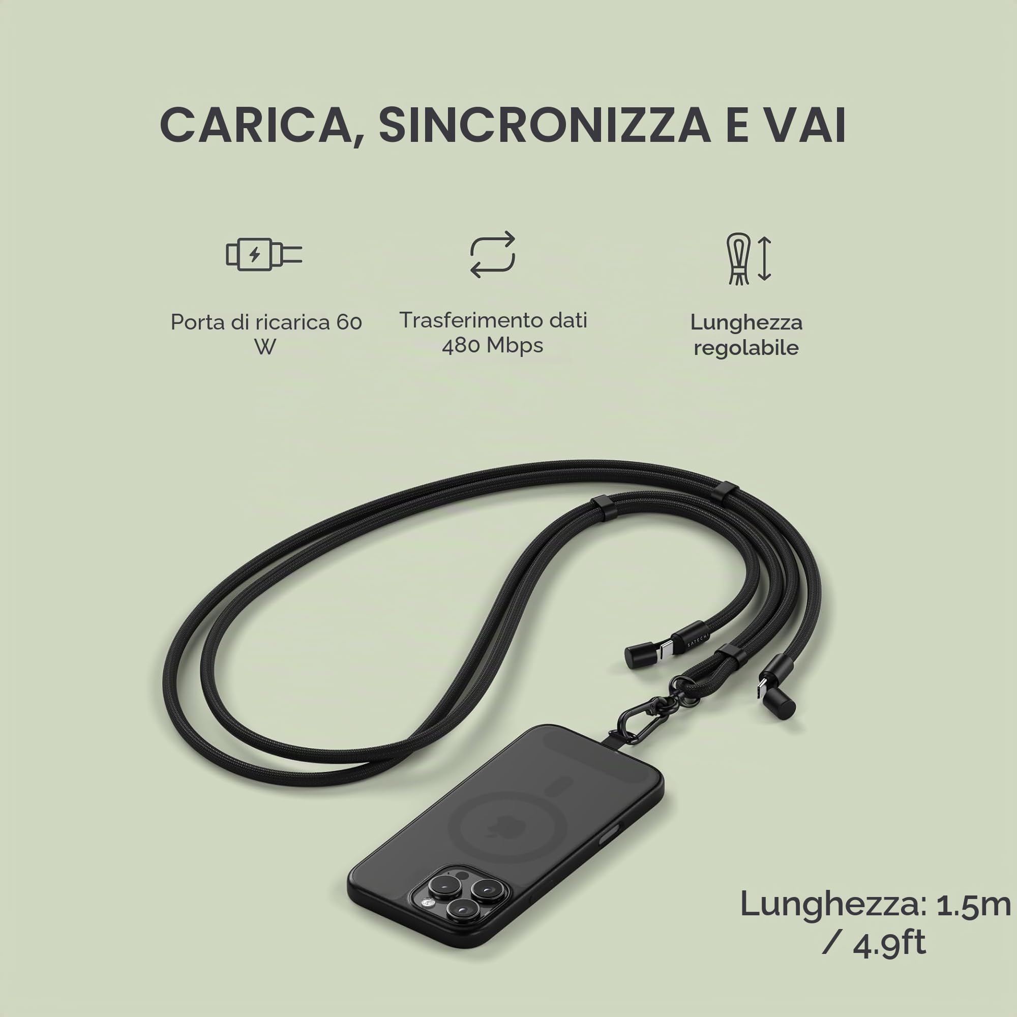 Satechi OntheGo™ Cordino per Smartphone USB C con Ricarica Rapida 60W, Dati 480 Mbps, Laccio Regolabile 1,5 m con Cavo Intrecciato per iPhone 17 16 15, Galaxy, Android – Nero