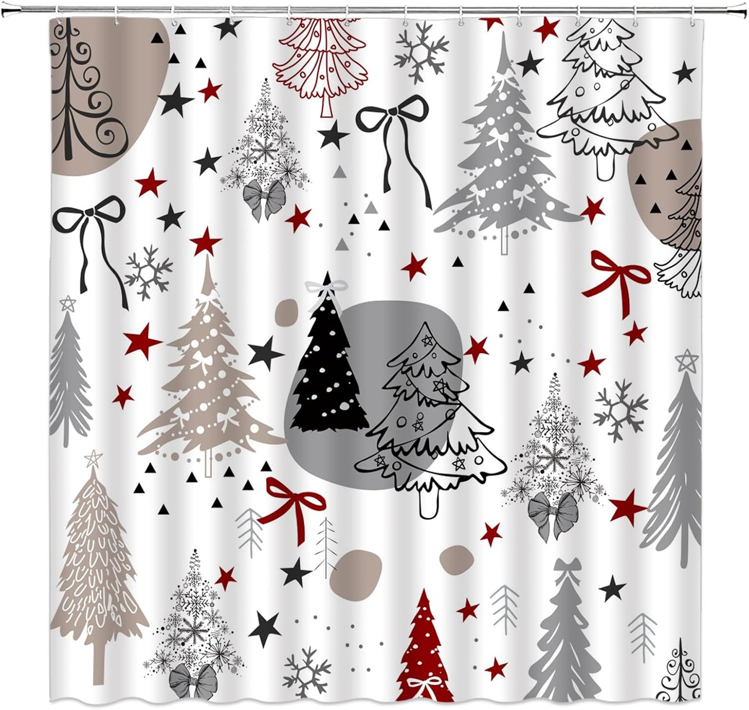 Christmas Extra Long Shower Curtain,Xmas Tree Bow Snowflake Winter Festival Brown Gray Bathroom Home Curtain Decor with Hooks,70x78 Inch