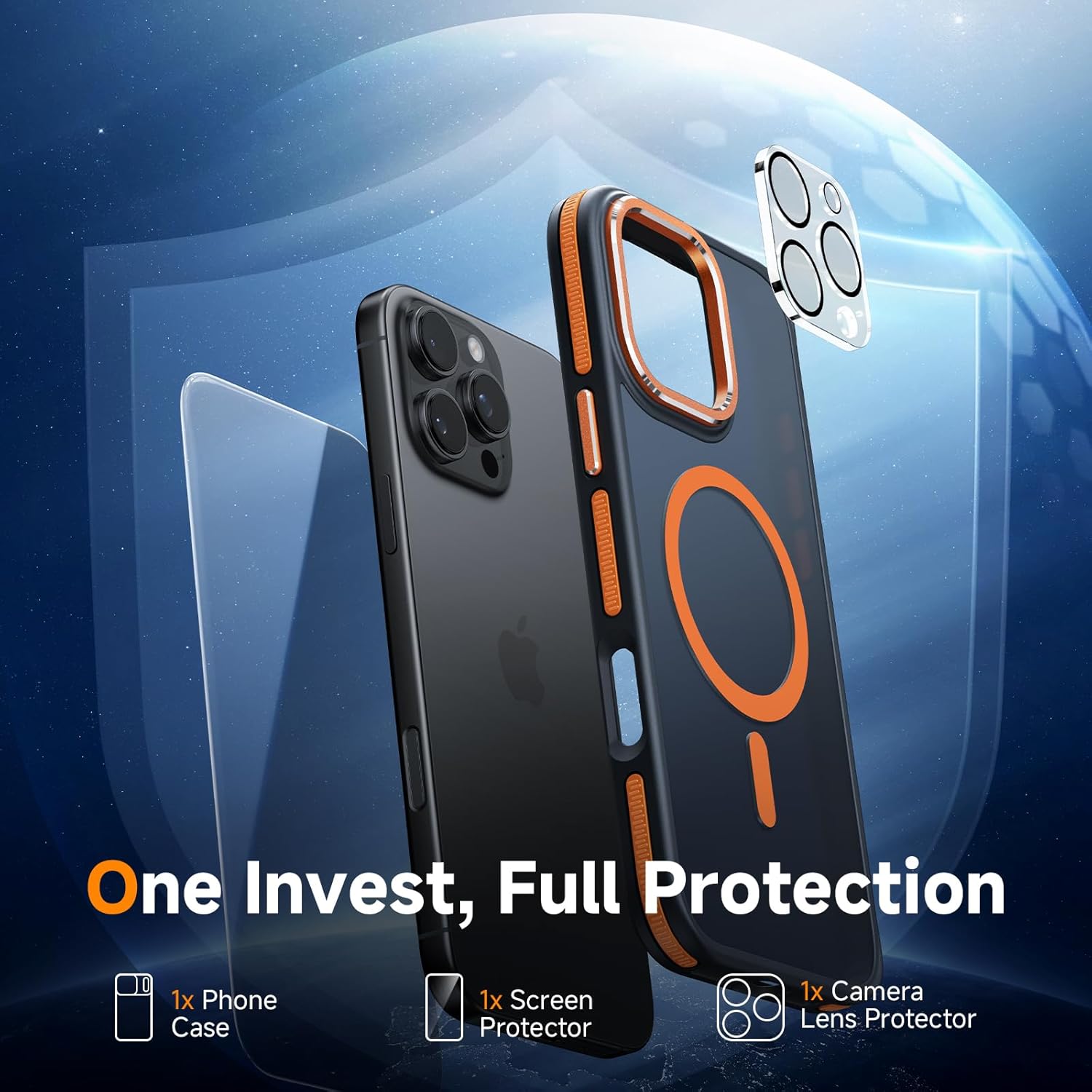 Magnetic 3 in 1 for iPhone 16 Pro Case, [Omni-Directional Protection] with 1x Screen Protector + 1x Camera Cover, [Seamless Work with Magsafe] Shockproof Slim Thin Case for iPhone 16 Pro Cosmic Orange - Image 2