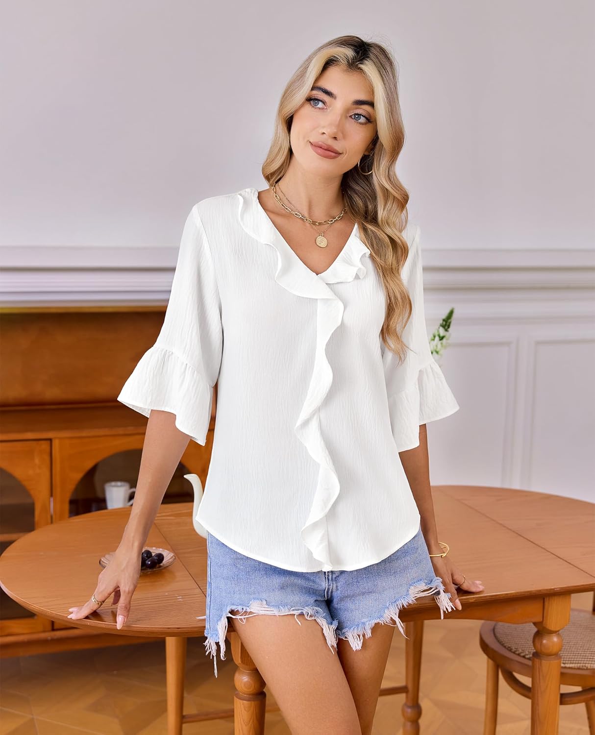 siliteelon Blouses for Women Dressy Casual 3/4 Sleeve Ruffle Bell Top Ladies Business Work Shirt Fashion Clothing Trendy - Image 3