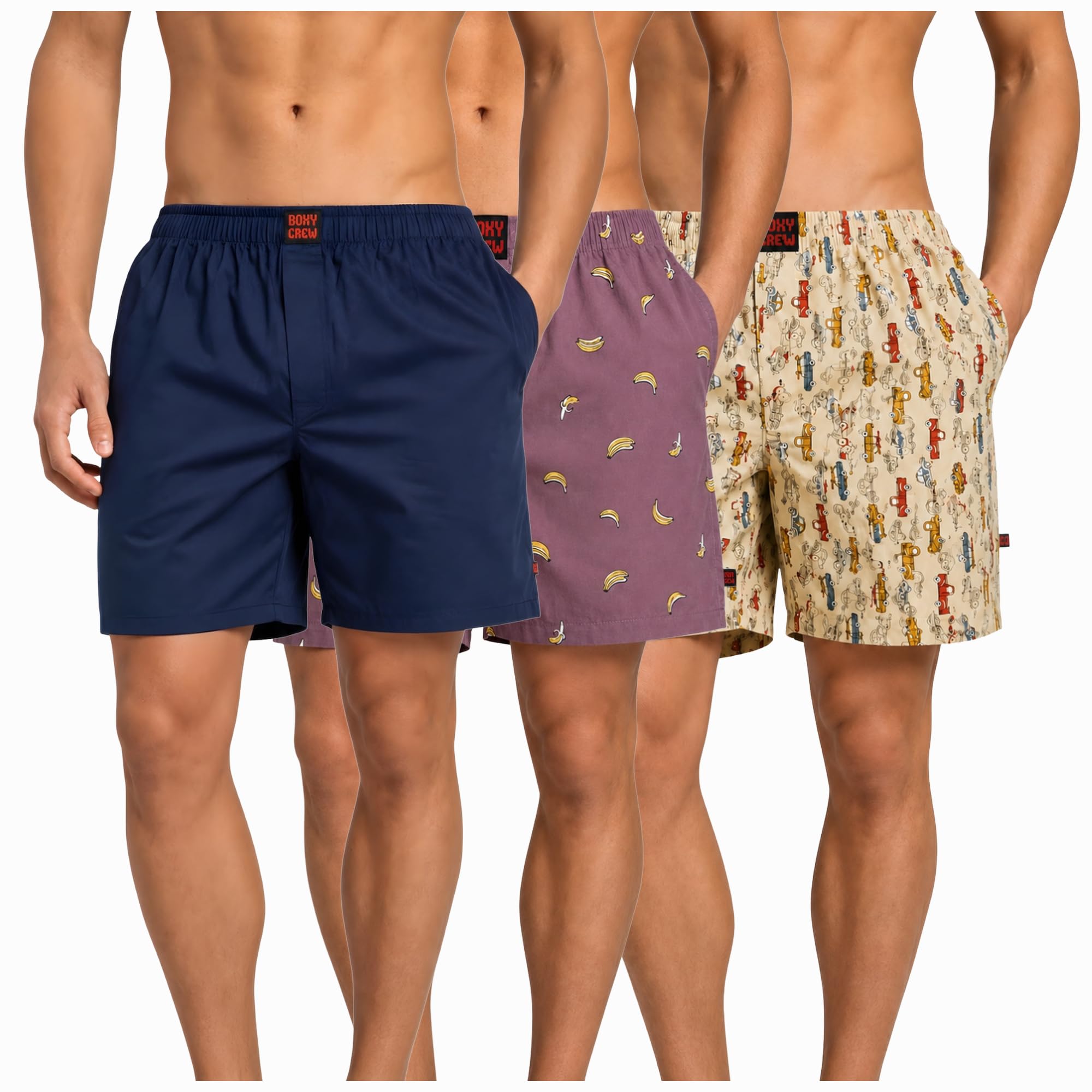 Men's 100% Cotton Boxer Shorts Pack of 3, Navy Blue, Rose Pink & Beige | Woven Boxers with Side Pockets, No-Marks Elastic Waistband, Breathable Relaxed Fit | Style 002-006-013-picture-35