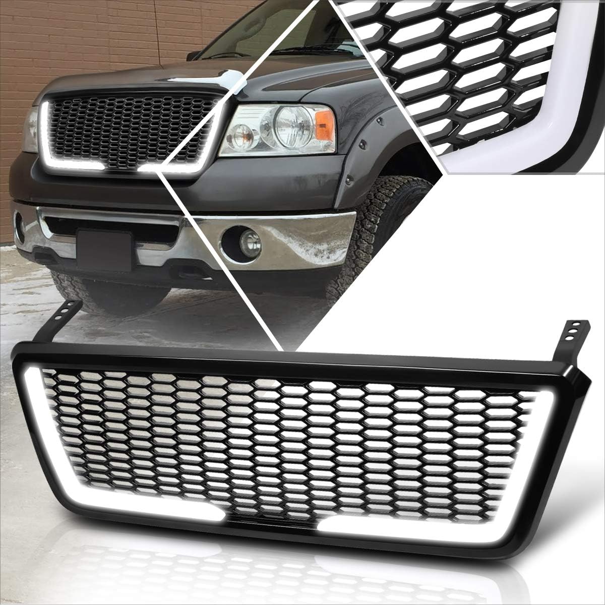 Honeycomb Mesh Front Bumper Grille Grill w/LED Light Compatible with 04-08 Ford F150,Black