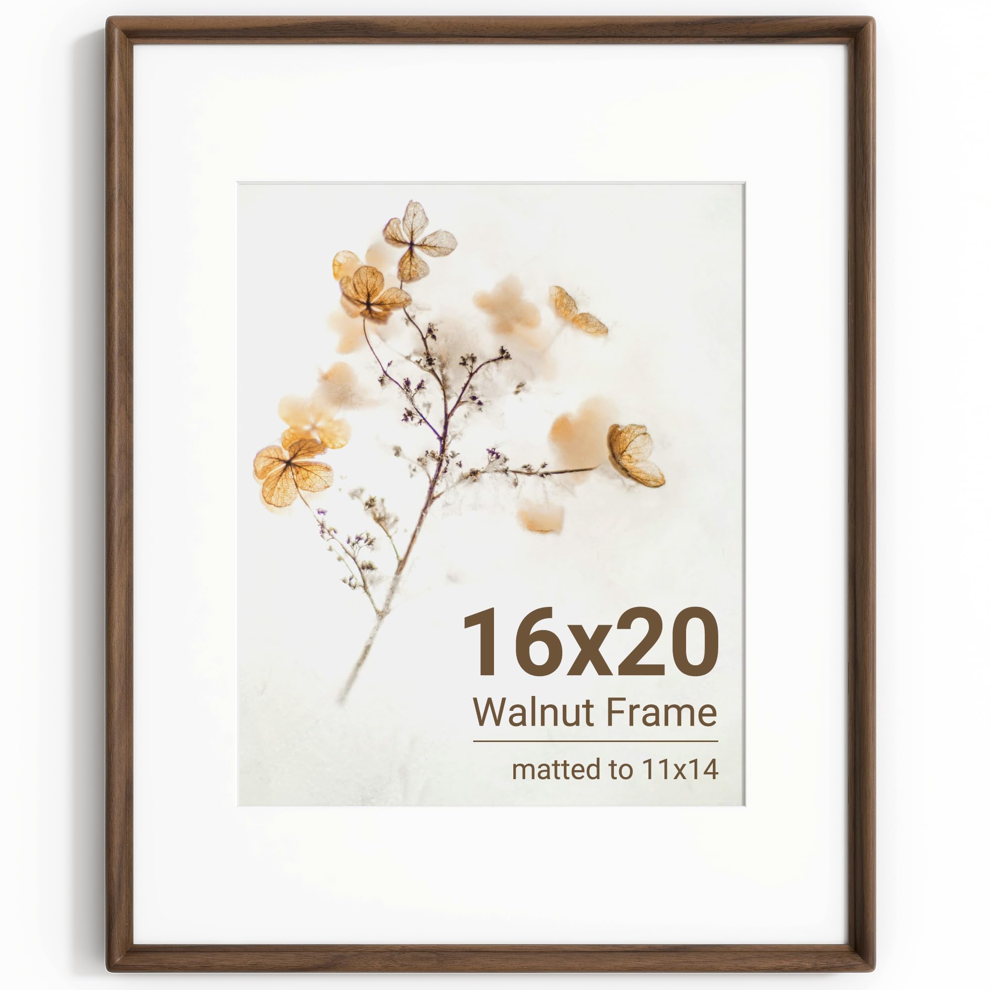 KovaScape 16x20 Photo Frame, Solid Walnut Wood Picture Frame with HD Tempered Glass, Handcrafted Real Wood Frame with Mount for 11x14 Photo, Rounded Corner Design, Wall Hanging