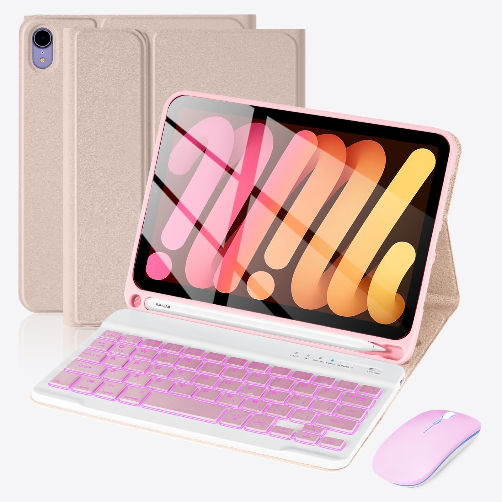 For iPad 8.3 inch Mini 7 (2024)/Mini 6 (2021) Generation Keyboard Case with Mouse, 7 Colors Backlit Case with Keyboard for iPad A17 Pro/Mini 7th/6th Gen, Detachable, Auto Sleep/Wake, Pencil Holder, PK