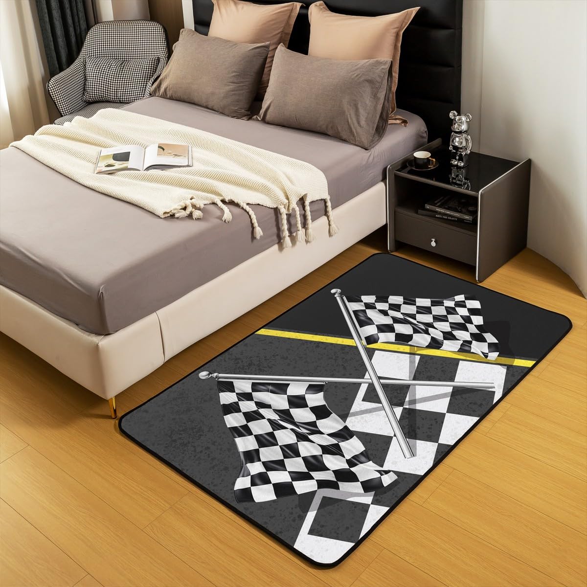 Dekorativer Teppich mit Rennwagen-Flagge, 1,2 x 1,8 m, schwarz-weiß karierte Flagge, Bodenmatte für Spielzimmer, Nachttisch, Sofa, Schlafzimmer, Rennspiel, Sport, Thema, fusselfrei, Teppich für