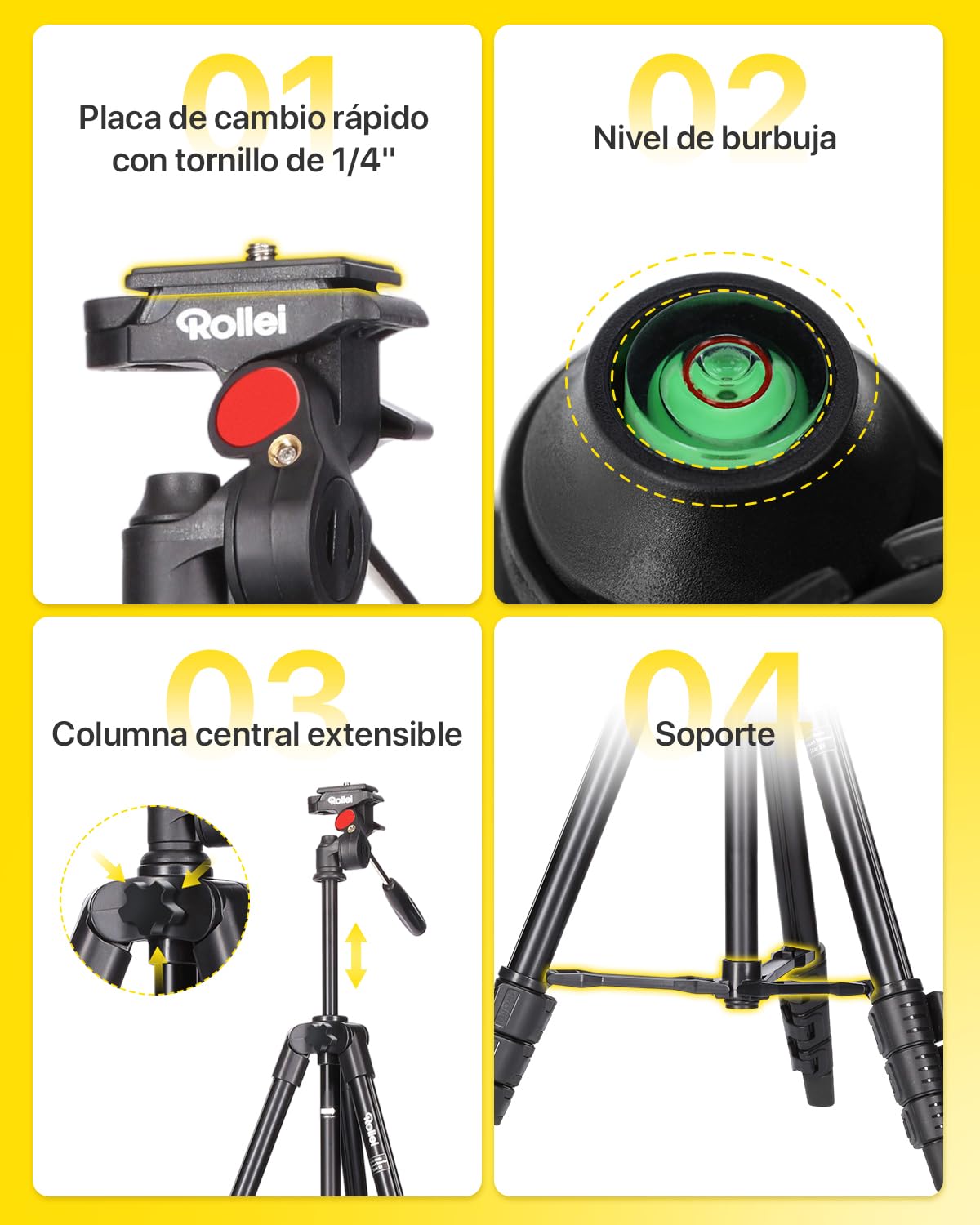 Rollei Compact Traveler Star S1 (Antes Digi 3400) - Trípode Compacto con Cabezal de trípode, Capacidad 2 kg, Altura 125 cm, Aluminio, Color Negro