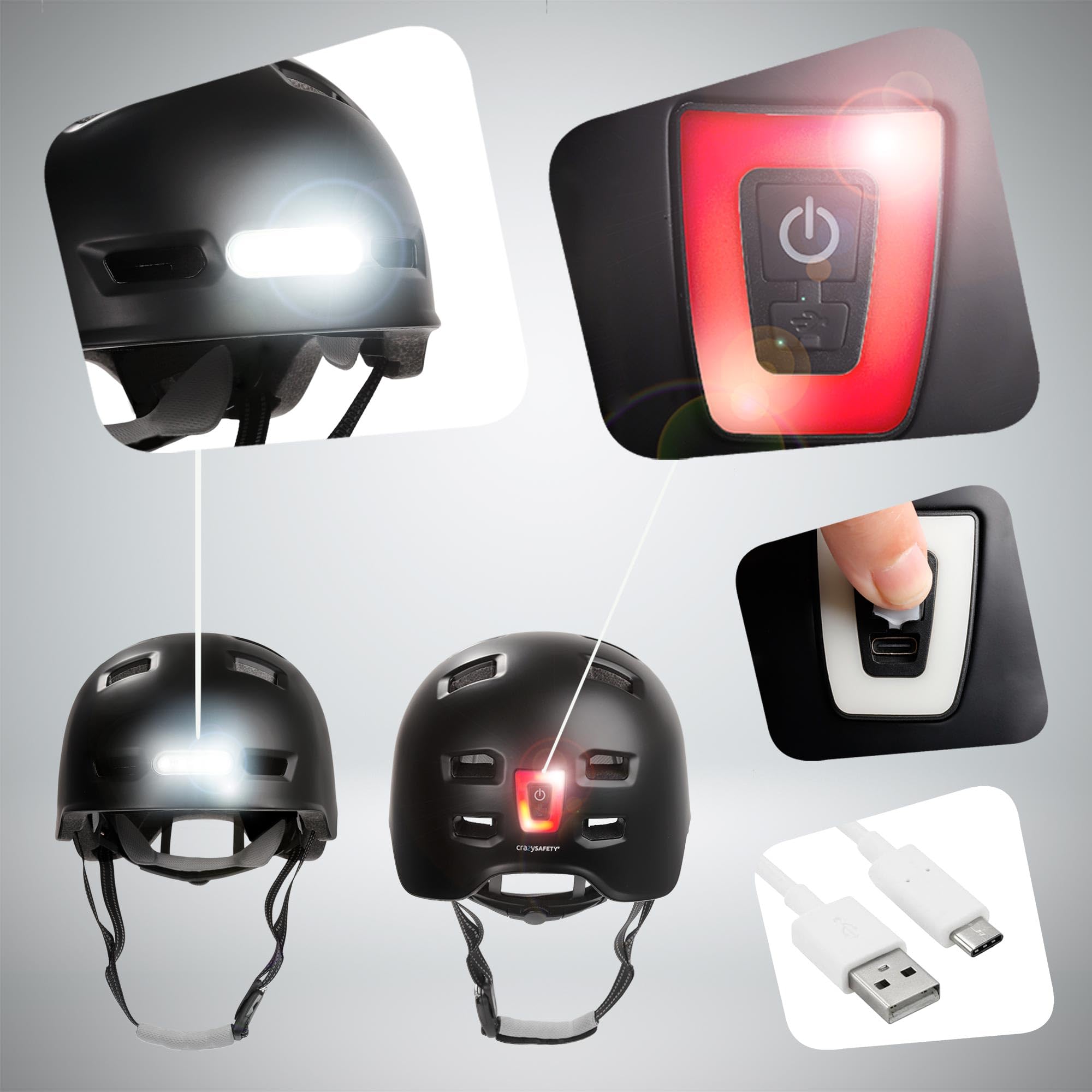 Crazy Safety Vertigo Casco da Città Nero per Bici con Luce USB Anteriore e Posteriore | Casco da Bici, Skateboard, Pattini, BMX | Casco da Monopattino per Uomo e Donna | M 54-57 cm