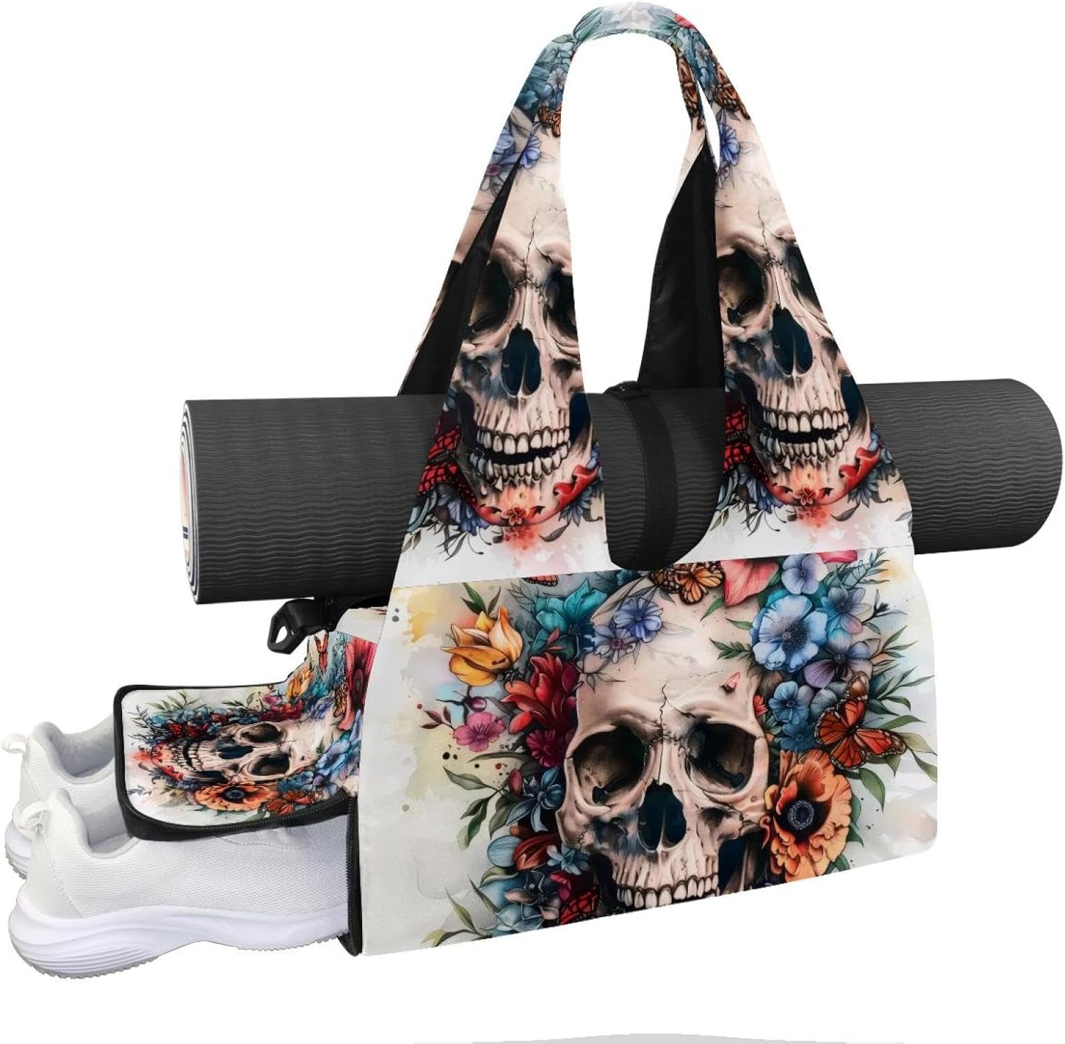 Gym Bag for Women, Galaxy Cat Eating Donut Yoga Mat Bag with Shoe Compartment, Sport Yoga Gym Bag with Yoga Strap, Carryall Yoga Tote Bag