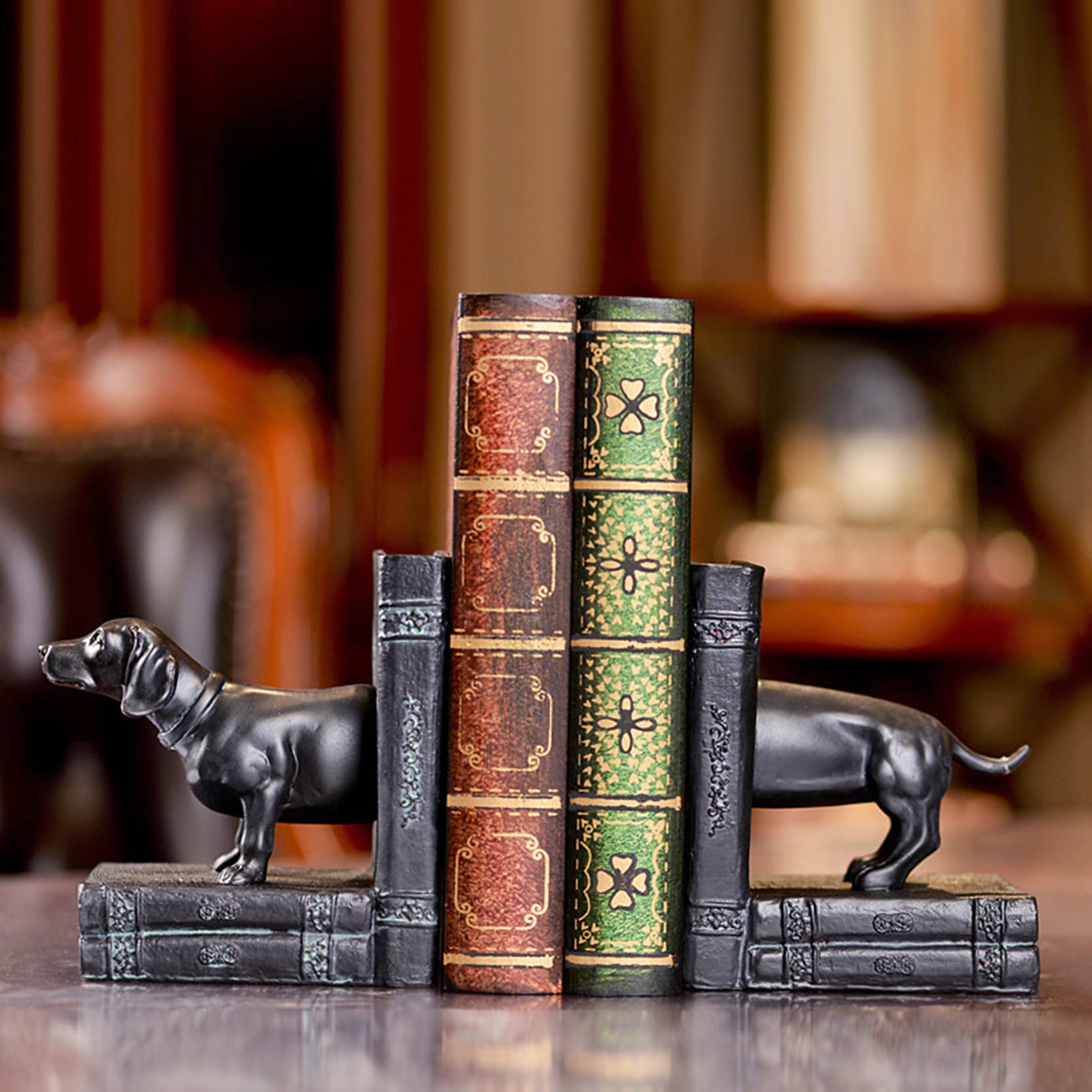 Fermalibri Decorativi Cane da Compagnia in Resina,Scaffale per Libri Antiscivolo per impieghi gravosi Fermalibri ordinati,dell'ufficio della Biblioteca di archiviazione retrò Europea,Black