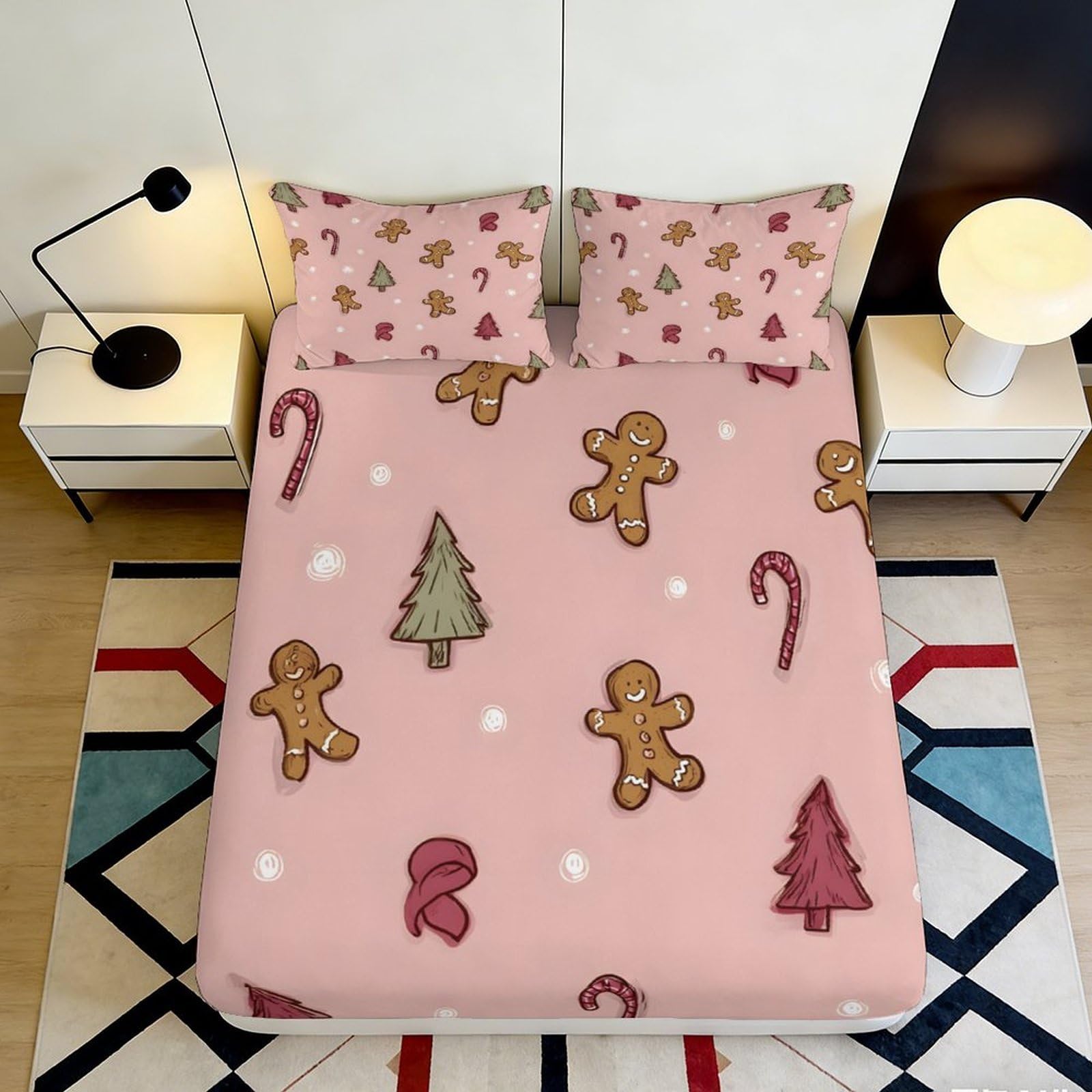 3D Printed Gingerbread Cookie Fitted Sheet Microfiber Pink Christmas Candy Cane Mattress Cover for Bedroom Guest Room Decor 90x200x25cm