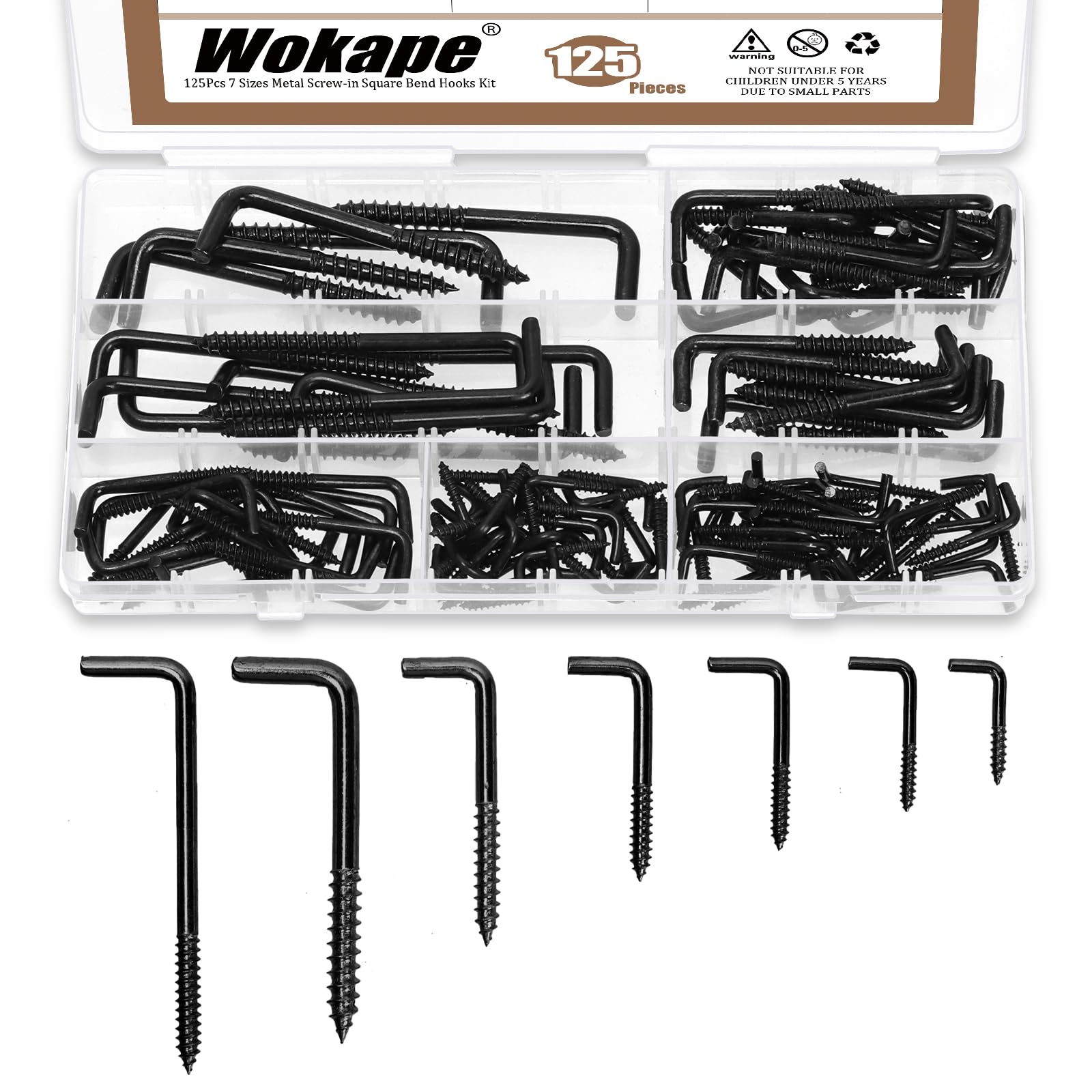Wokape 125PCS 7 Sizes L-Shaped Screws Hook Kit, M2.4 M2.5 M2.8 M3.4 M3.7 M3.8 M4.7 Self-Tapping Right-Angle Hooks Hanging 7-Shaped Screw-in Hooks