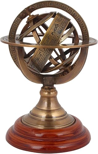 Miniatura 2 de Antiqueccolletion Antiguo 5.0in esfera de astrolabe armilar hecha de latón y base de madera