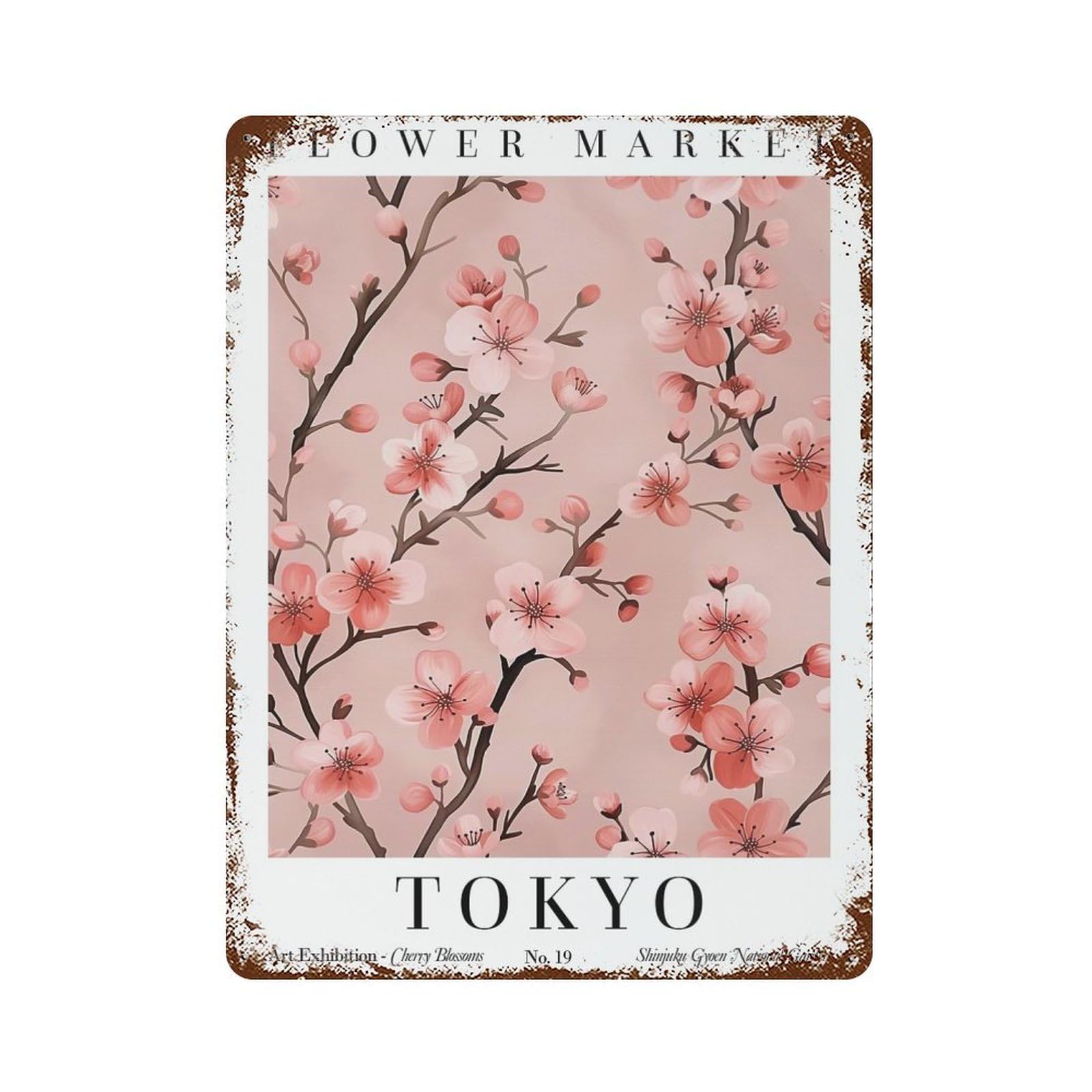 Rust Effect Tokyo Cherry Blossom Flower Market Rusty Metal Tin Sign 15.7"x11.8", Farmhouse Wall Decor for Cafe, Home Bar And Lounge Decor