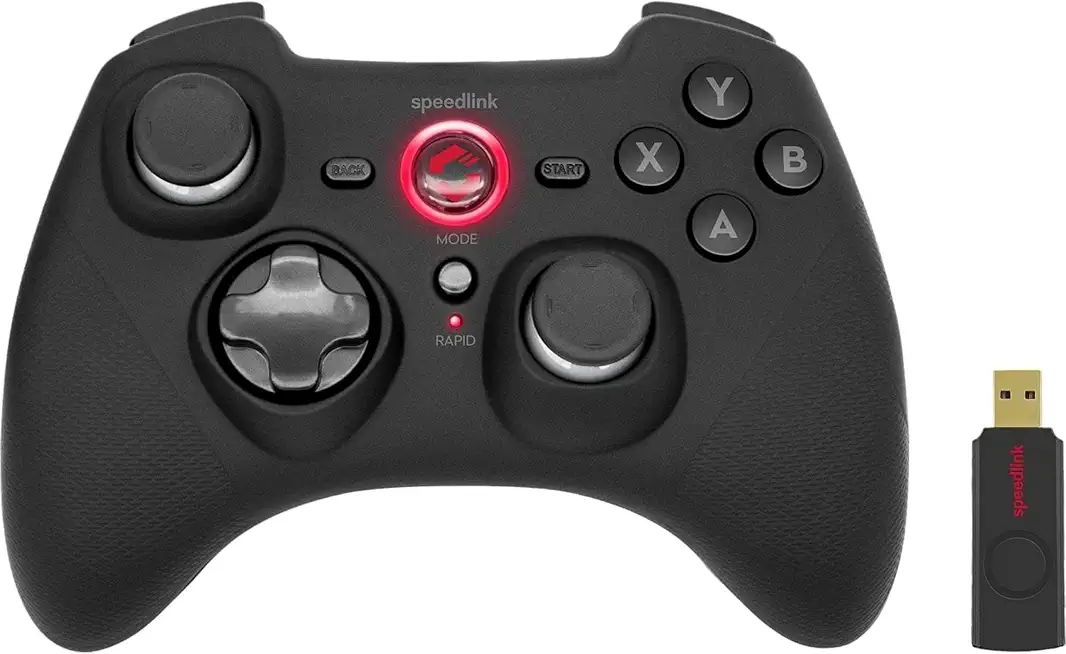 Speedlink RAIT Gamepad Wireless – kabelloser Controller mit Vibrationsfunktion, Dauerfeuer Funktion, für PC/PS3/Switch, gummierte Oberfläche, schwarz