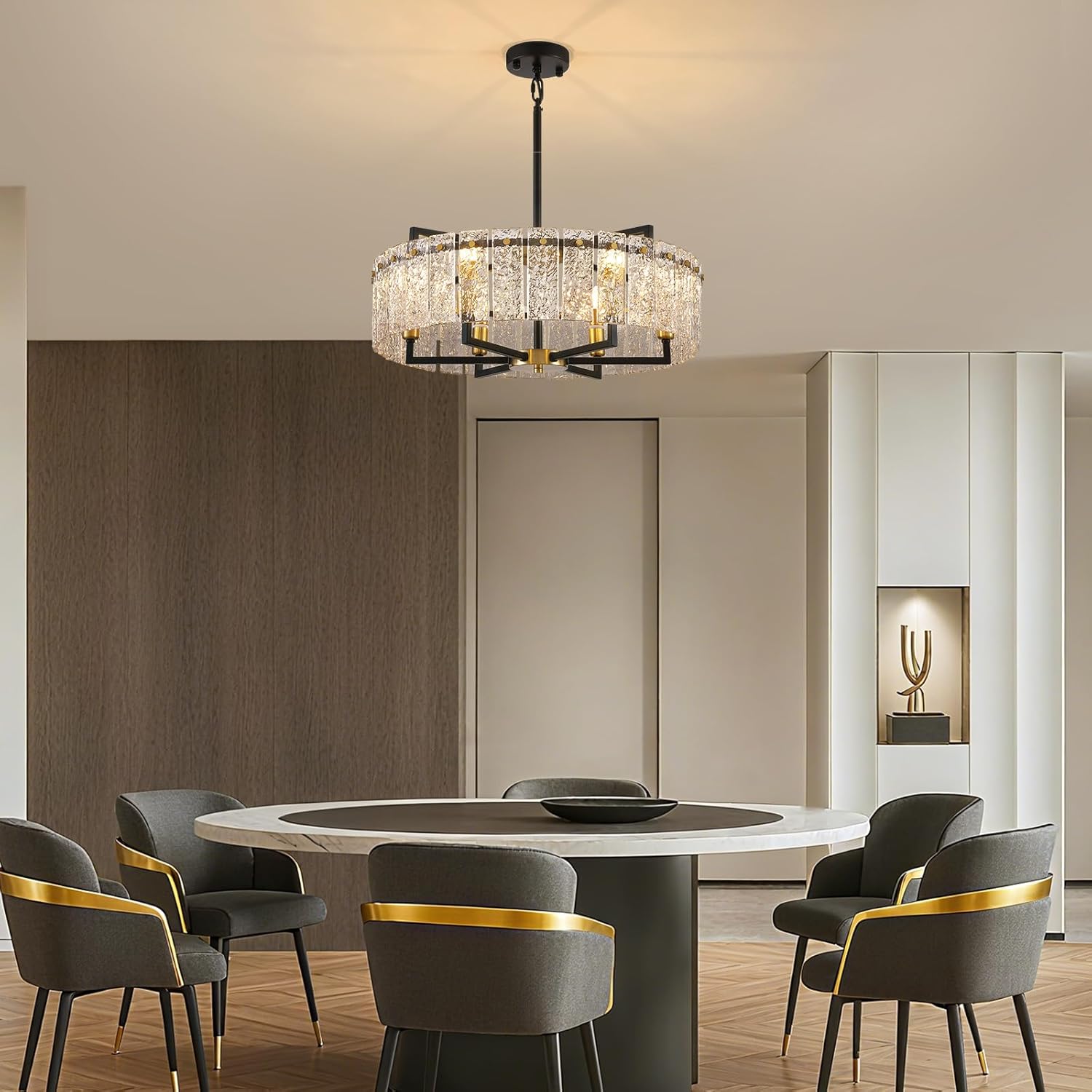 23.62" Gold Water Ripple Glass Chandeliers, 6-Light Modern Round Chandelier, Luxury Drum Chandelier Lighting Fixtures for Living Room Dining Room Kitchen Bedroom Foyer Hotel