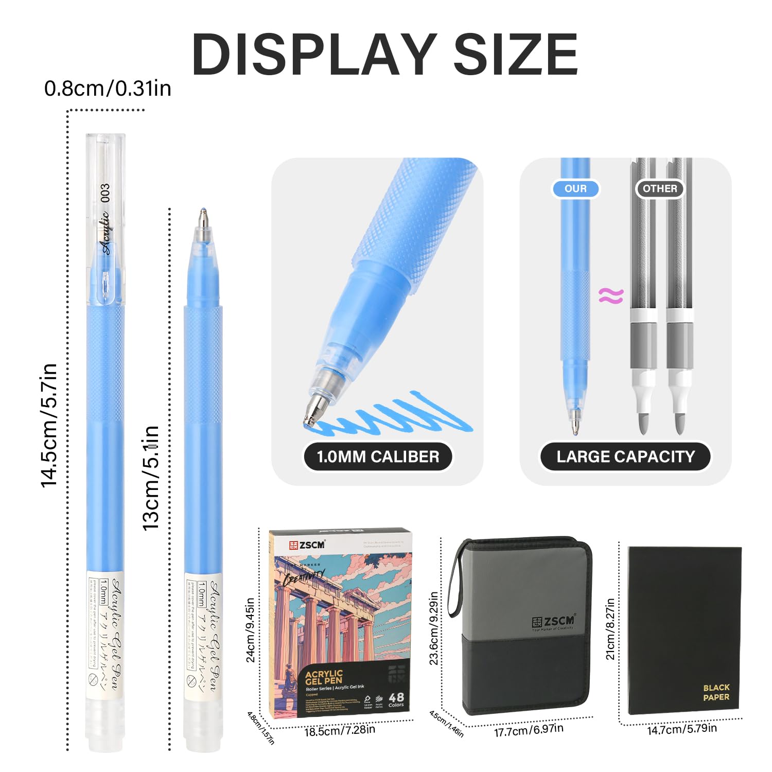 ZSCM Cuaderno de bocetos de papel negro y bolígrafos de gel acrílico de 48 colores para dibujar, bolígrafo de tinta acrílica de punta fina de 1 mm, bolígrafos de tinta de archivo opacos para dibujo de