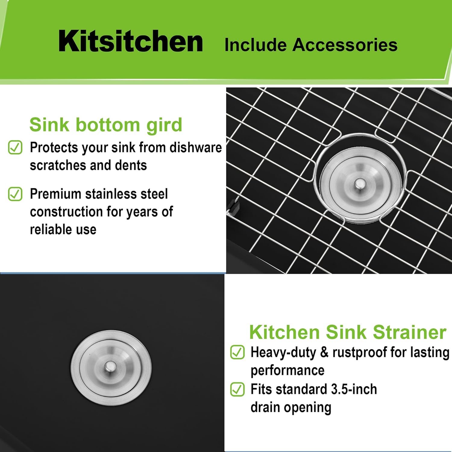 Kitsitchen 32 Inch Large Black Undermount Kitchen Sink, Black Granite Composite Kitchen Sink with A Stainless Steel Sink Drain Assembly & Sink Bottom Gird, 9" Depth Quartz Stone Kitchen Sink