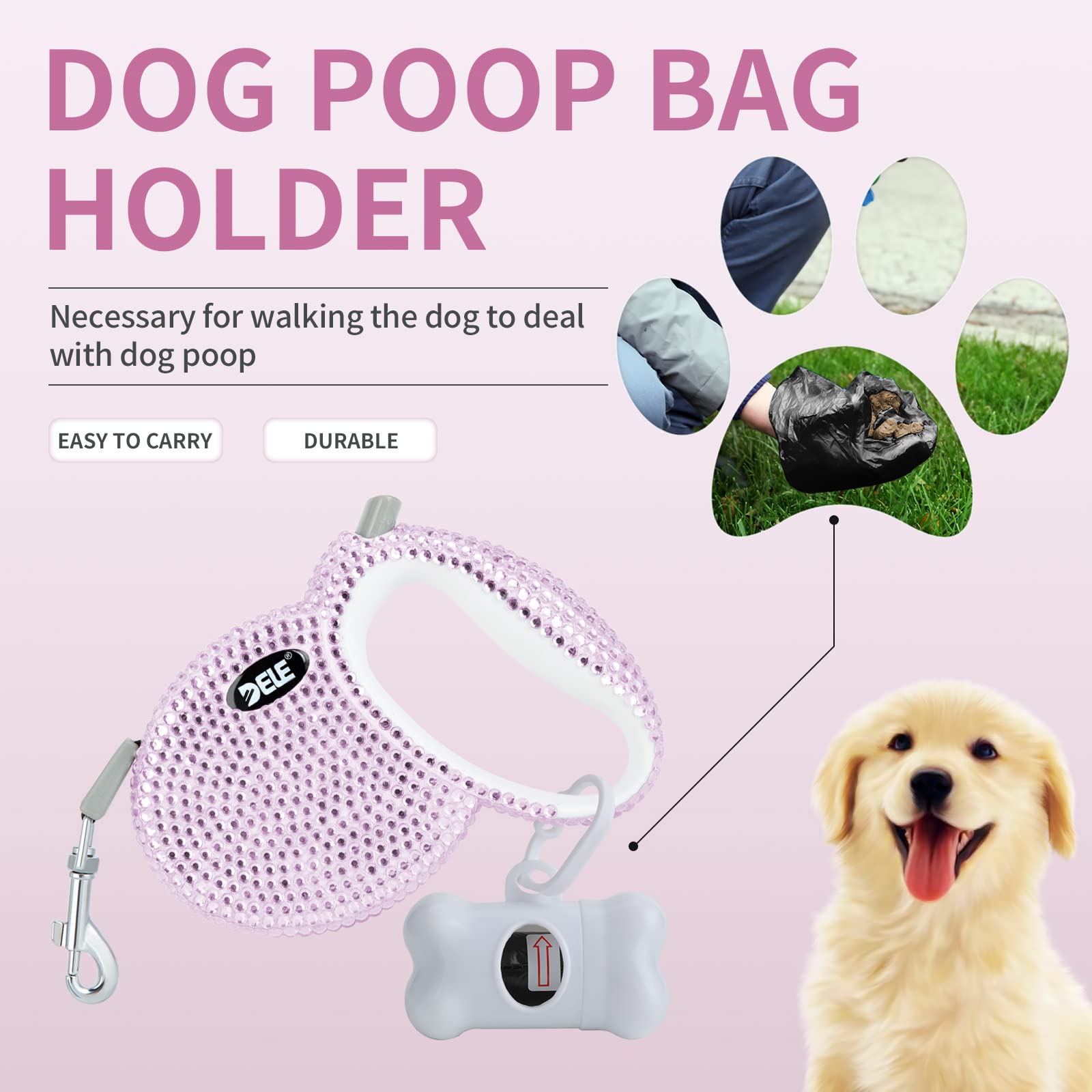 eing Laisse rétractable pour chien avec poignée antidérapante, bande en nylon solide, anti-enchevêtrement à 360°, convient aux chiens de petite et moyenne taille, distributeur de sacs à déchets